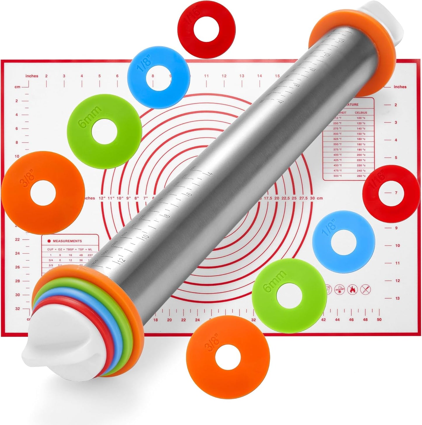 Adjustable Stainless Steel Rolling Pin with 4 Dough Thickness Rings & Non-Stick Red Pastry Mat – 17" Professional Tool for Baking Pizza, Pasta, Cookies & Pie Crusts