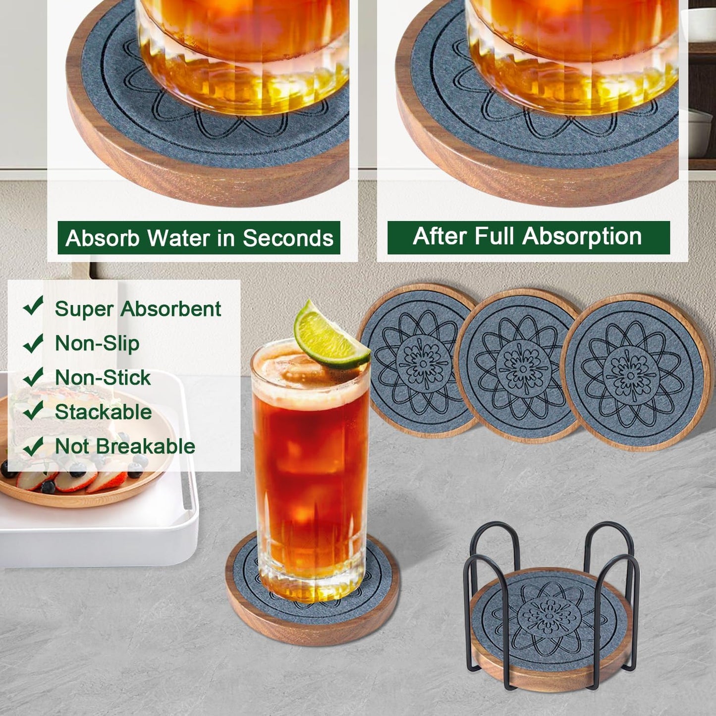 5 Pack Absorbent Coasters for Coffee Table with Holder, Wood Coasters with Felt Pads, Non-Slip, Non-Stick, Suit for Kinds of Cups 4.3 inch (Gray)