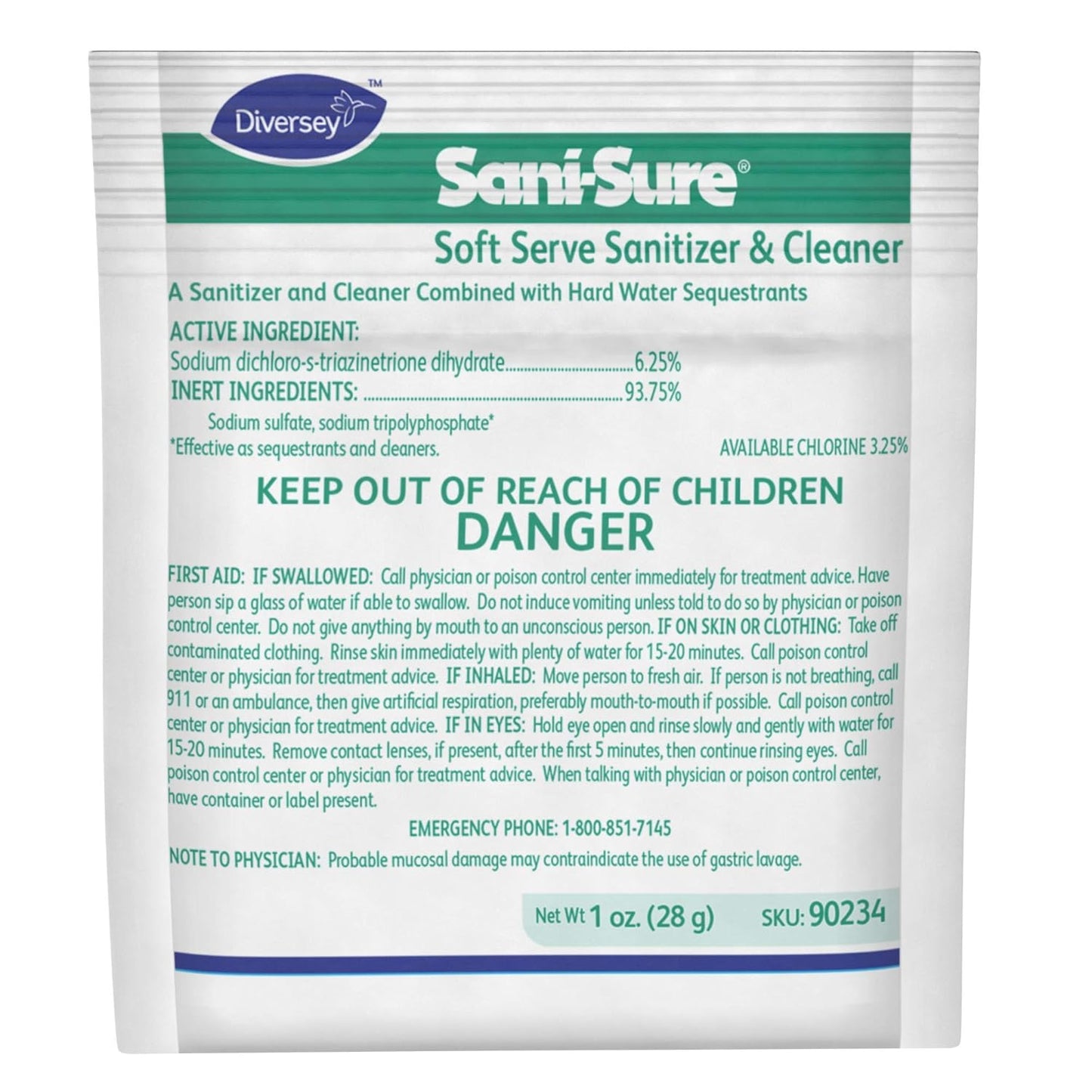Diversey 90234 Sani-Sure Soft Serve Sanitizer & Cleaner, for Shake, Slush, Yogurt Machines & Food Service Equipment, Powder, 1-Ounce Packet