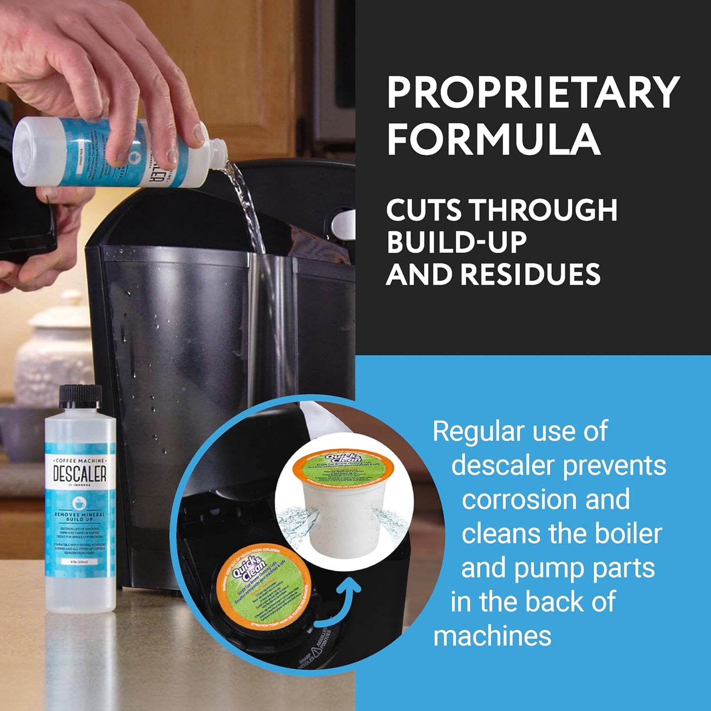 IMPRESA Coffee Machine Descaler & Cleaning Bundle - Compatible with Keurig K-Duo & K-Cup Brewers - 8 Oz Descaling Solution & 4 Maintenance Pods - Coffee Machine Cleaning & Pot Care Kit