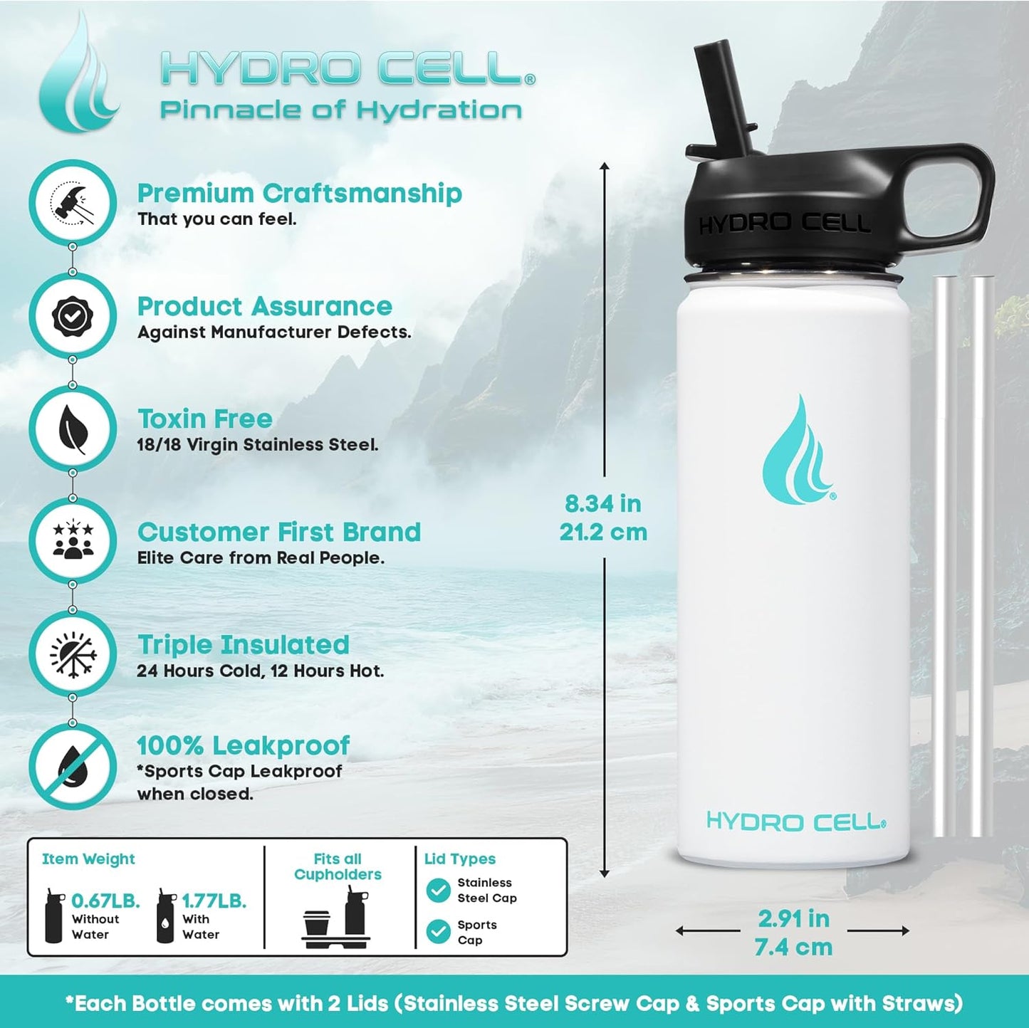 HYDRO CELL Stainless Steel Insulated Water Bottle with Straw - for Cold & Hot Drinks - Metal Vacuum Flask with Screw Cap and Modern Leakproof Sport Thermos for Adults (White 18oz)