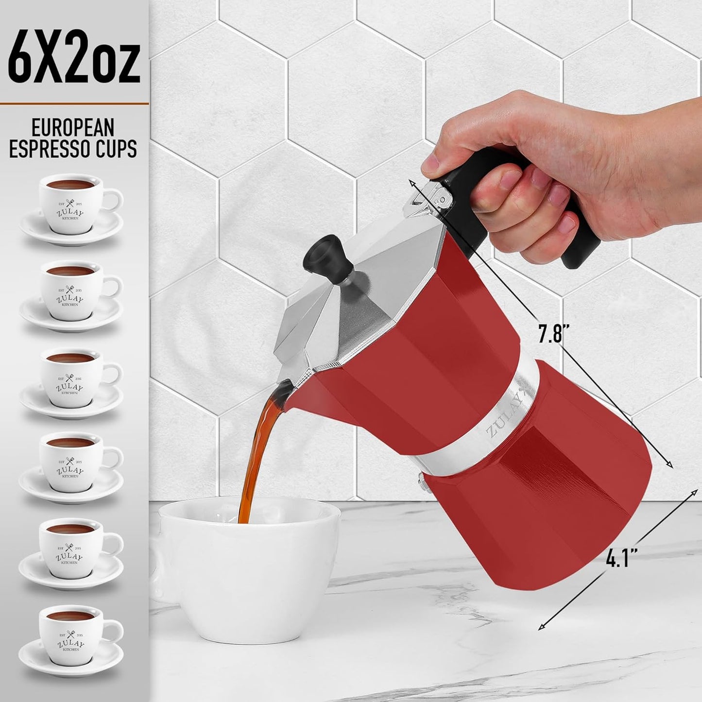 Zulay Moka Pot Espresso Stovetop Coffee Maker - Leak-Proof, Stainless Steel, Easy to Clean, Heat Resistant Handle & Knob - for Authentic Cuban & Italian Style Espresso - Makes 6 Espresso Cups - Red