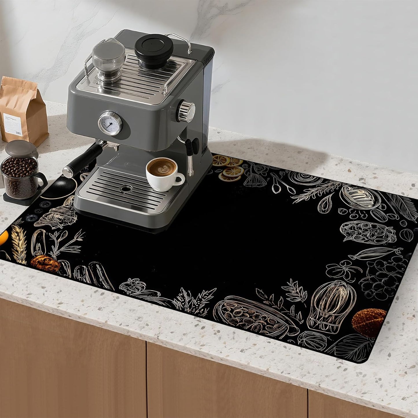 17"x 32" Coffee Bar Mat, Kitchen Ingredients Absorbent Dish Drying Mat Cuttable Hide Stain Draining Table Pad for Kitchen Counter, Coffee Bar Accessories