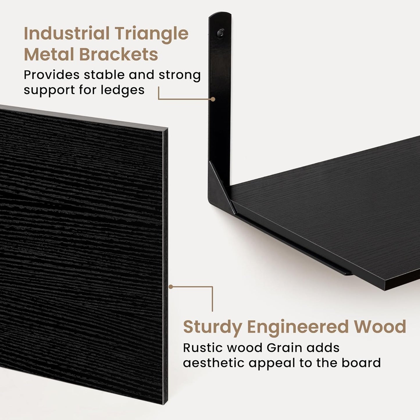 Fun Memories Floating Shelves for Wall, 12 Inch Deep Floating Shelves Set of 2, Wall Mounted Shelf with Metal Brackets, Rustic Wood Wide Shelf for Bathroom, Kitchen and Living Room, Black, 36W x 12D