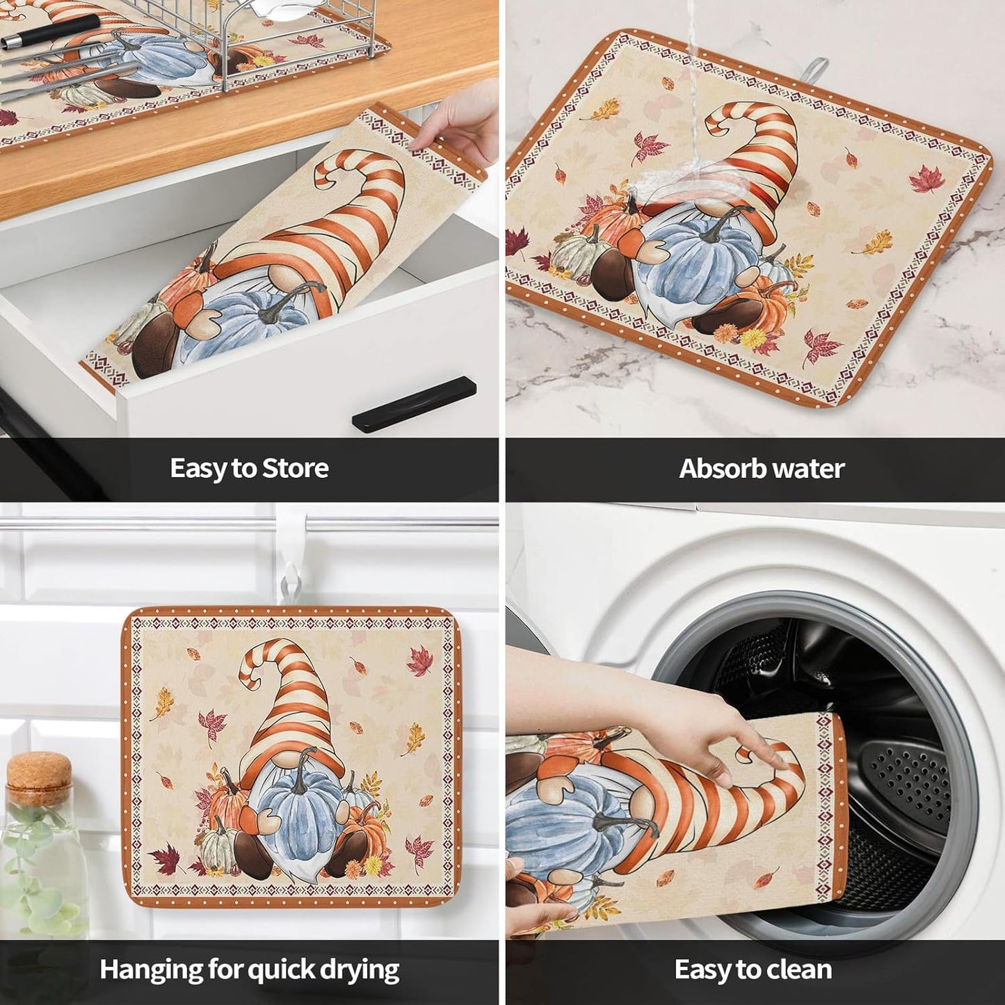 Fall Dish Drying Mat for Kitchen Counter Pumpkin Gnome Drying Pad Absorbent Drying Mats for Countertops Sinks Draining Racks Autumn Maple Leaves Drainer Holiday Harvest Thanksgiving Decorations 18x24