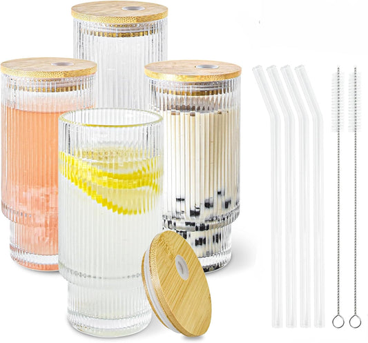4 Pcs 16 oz Glasses Cups Set with Bamboo Lids Straws Brush Ribbed Vintage Aesthetic Glassware Set for Tea Iced Coffee Beer Cocktail Whiskey