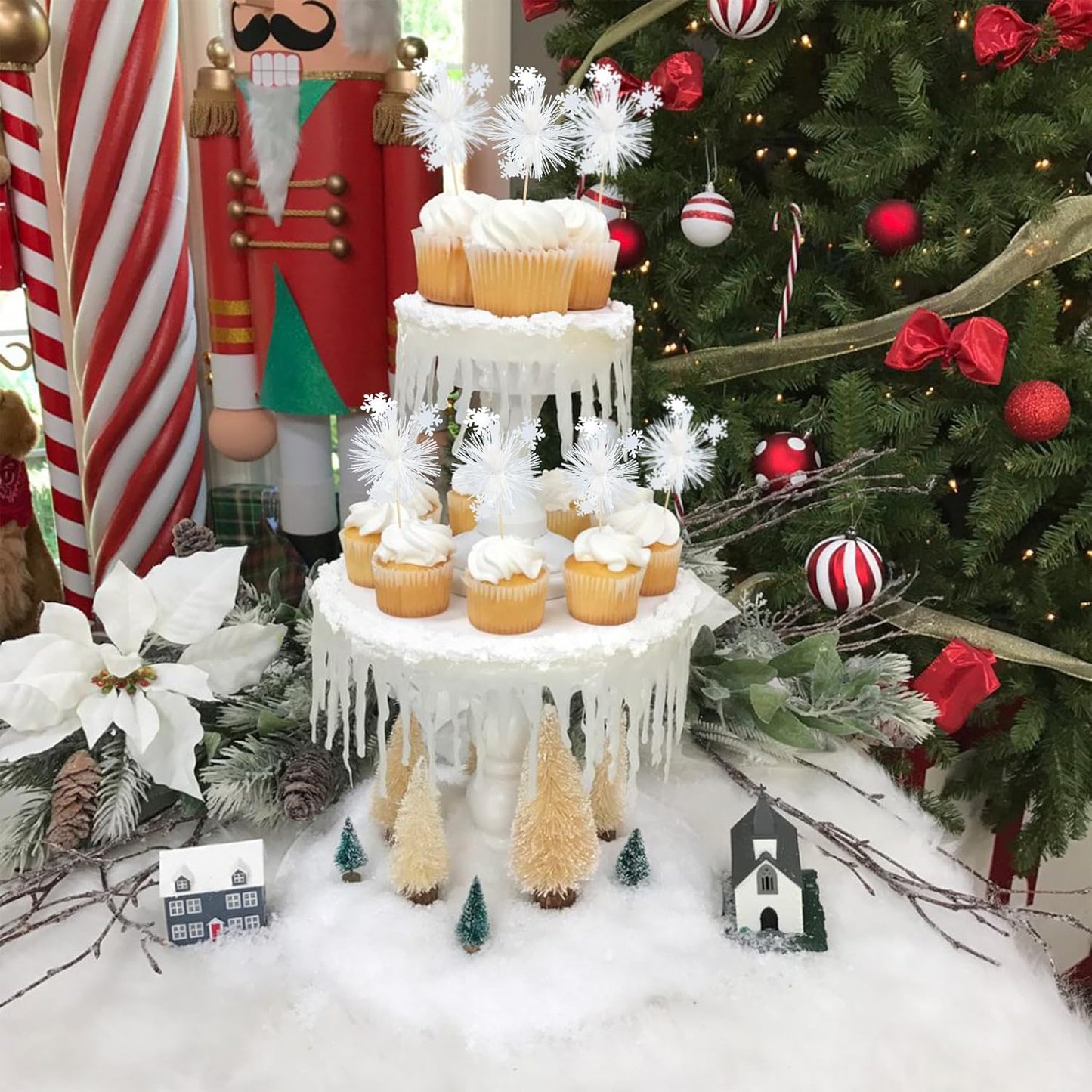 Gyufise 20Pcs Foil Firework Cupcake Toppers Sparkle Tinsel Cake Toppers Tinsel Drink Cake Decoration Cocktail Picks for Birthday Wedding Graduation Party Supplies White