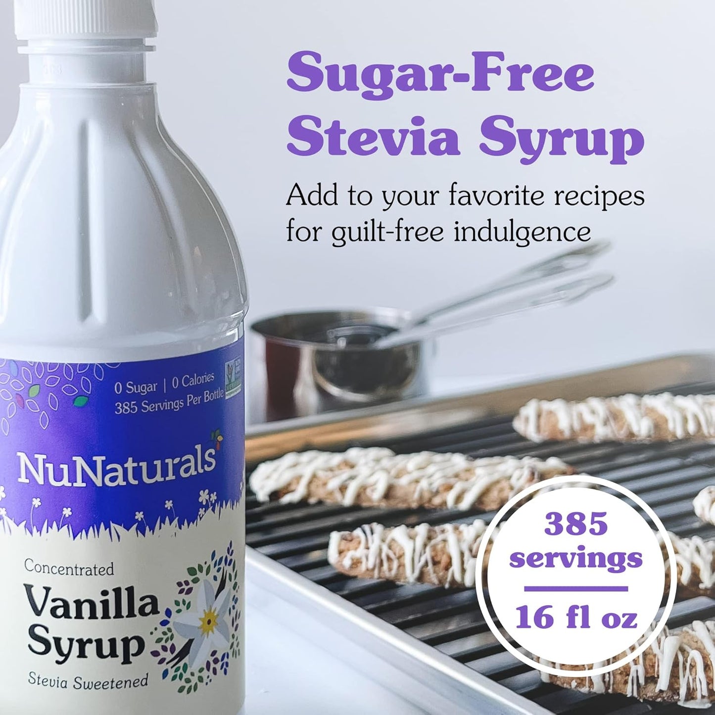 NuNaturals Stevia Syrup, Sugar-Free Sweetener, Plant-Based Sugar Substitute, Zero Calorie, Vanilla Flavor, 16 oz