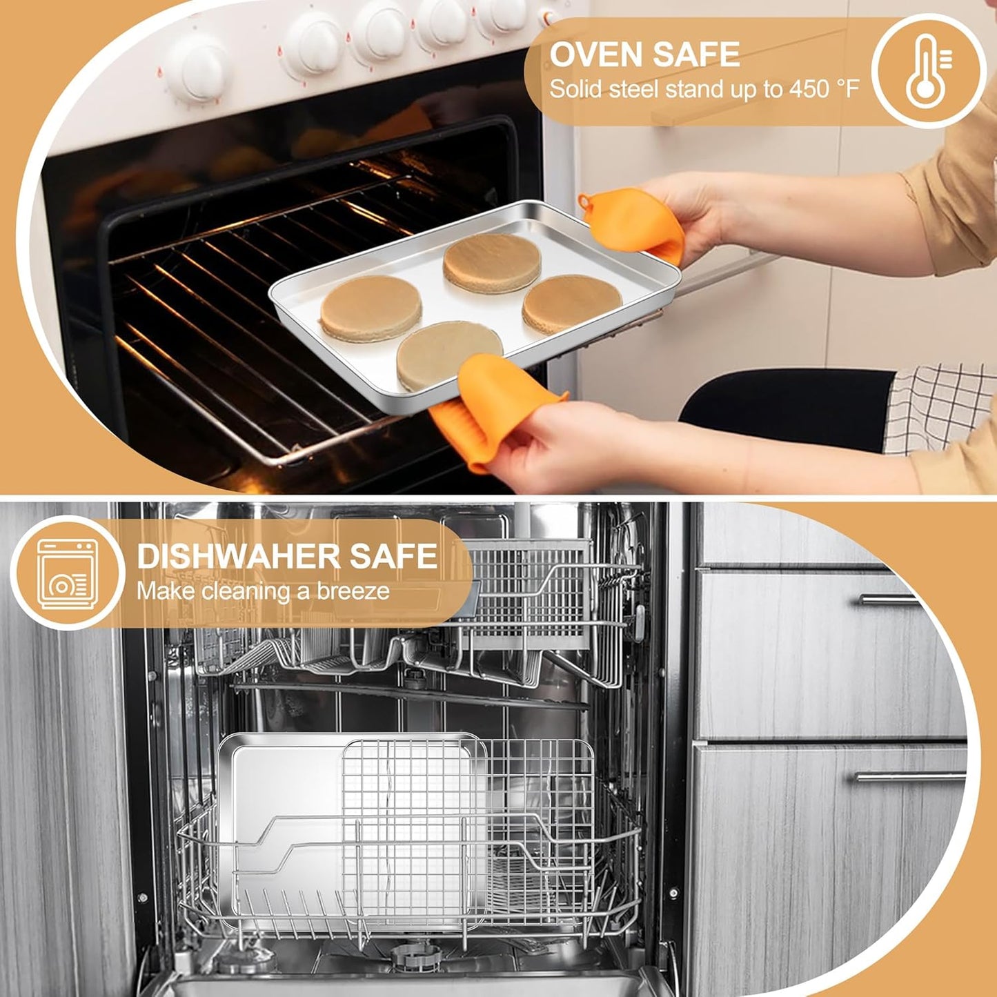 E-far Baking Sheet with Rack Set, 9.5” x 7.3” Stainless Steel Cookie Sheet Baking Pan for Toaster Oven, Mini Metal Tray with Cooling Wire Rack for Cooking Roasting, Non-toxic & Dishwasher Safe