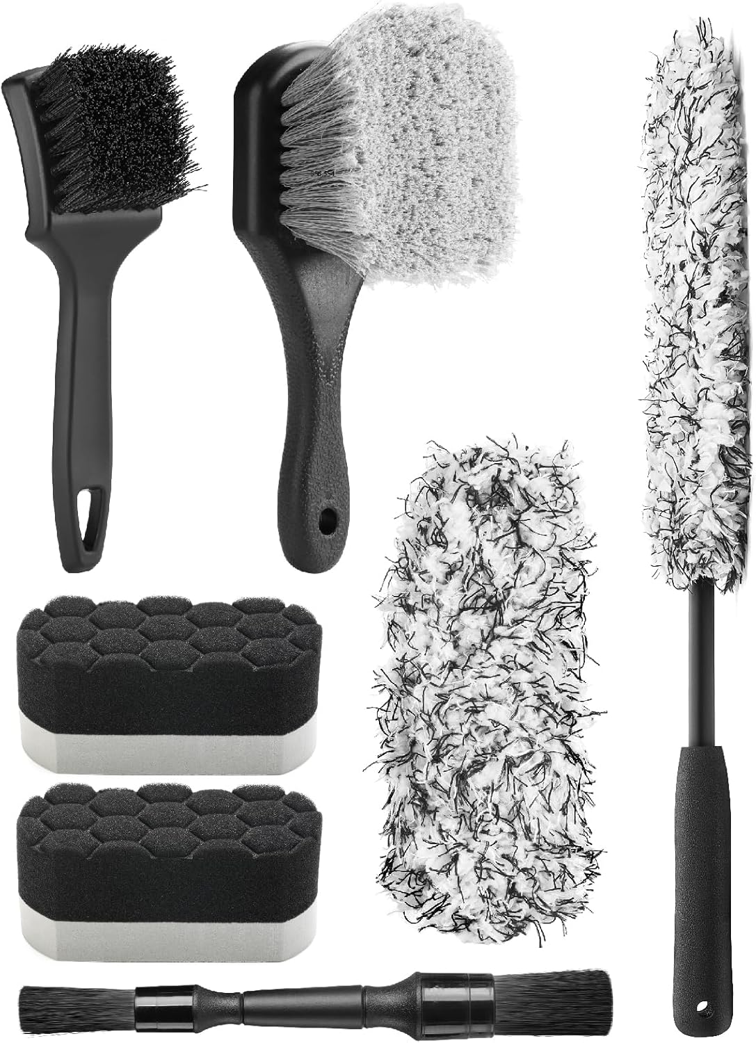 Fantasticlean 7PCS Car Wheel Cleaning Pro Kit, Tire Brush, Soft-bristled Rim Brush, Microfiber Flat Wheel Brush, Double-Ended Detailing Brush, Detailing Pads, Scratch-Free & Multipurpose