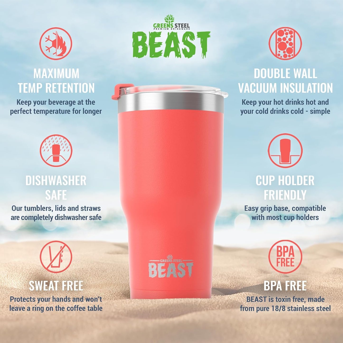 Beast 20 oz Tumbler Stainless Steel Vacuum Insulated Coffee Ice Cup Double Wall Travel Flask (Coral Pink)
