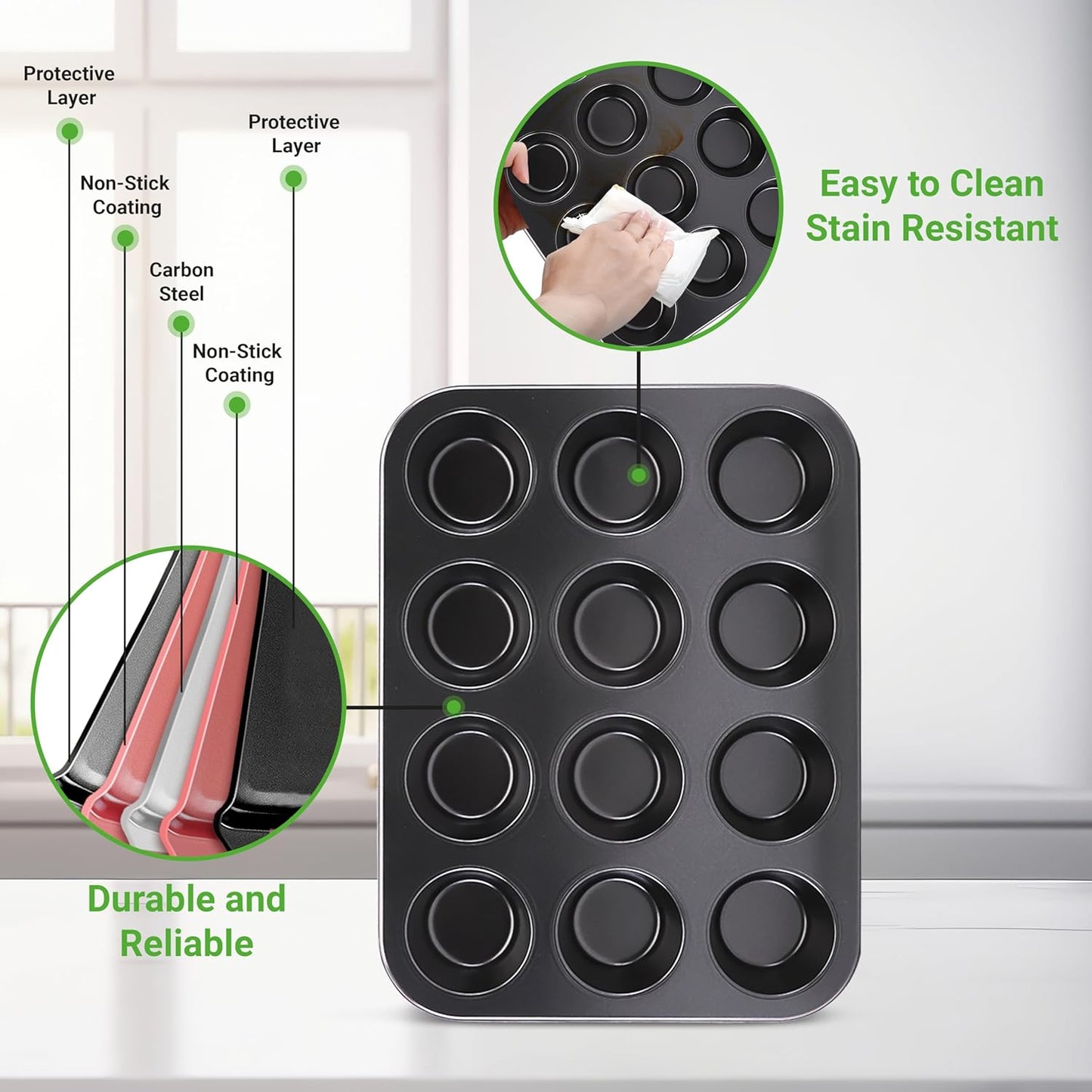 NutriChef 13” Non-Stick Muffin Baking Pan - Premium Dark Gray Carbon Steel Bake Tray, Commercial Grade Restaurant Quality Metal Bakeware - Dishwasher Safe