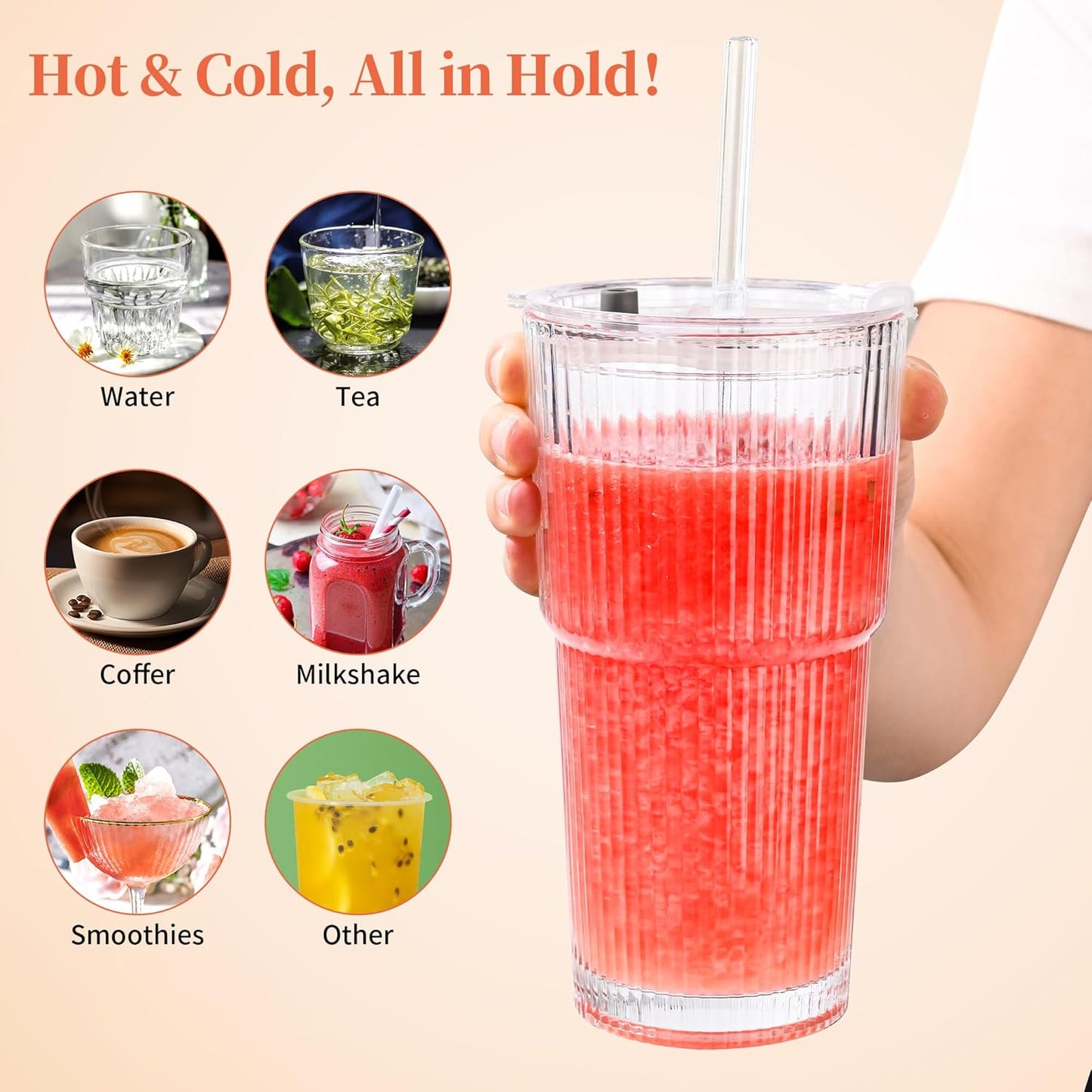 20 oz Tumblers with Lids and Straws, Ribbed Glass Set of 4-Clear Ice Coffee Cups Ideal for Smoothies, Juice, Boba & Cold Beverages, Durable reusable Glassware，Drinking Glasses with 1 Brush