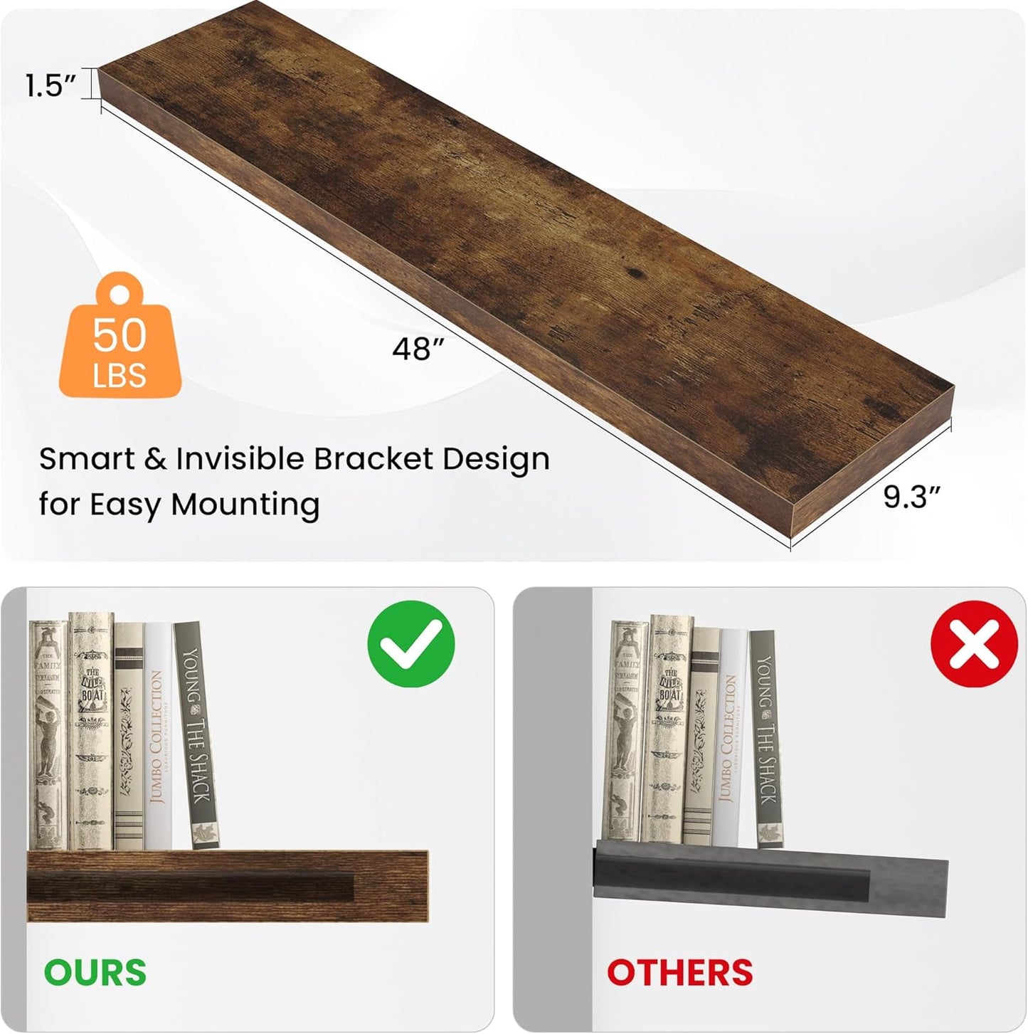 Floating Shelves for Wall, 48"W x 9.3"D x 1.5"H, Wooden Wall Mounted Display Shelf with Invisible Brackets for Living Room, Bedroom, Bathroom, Kitchen Decor and Storage, Set of 1, Rustic Brown