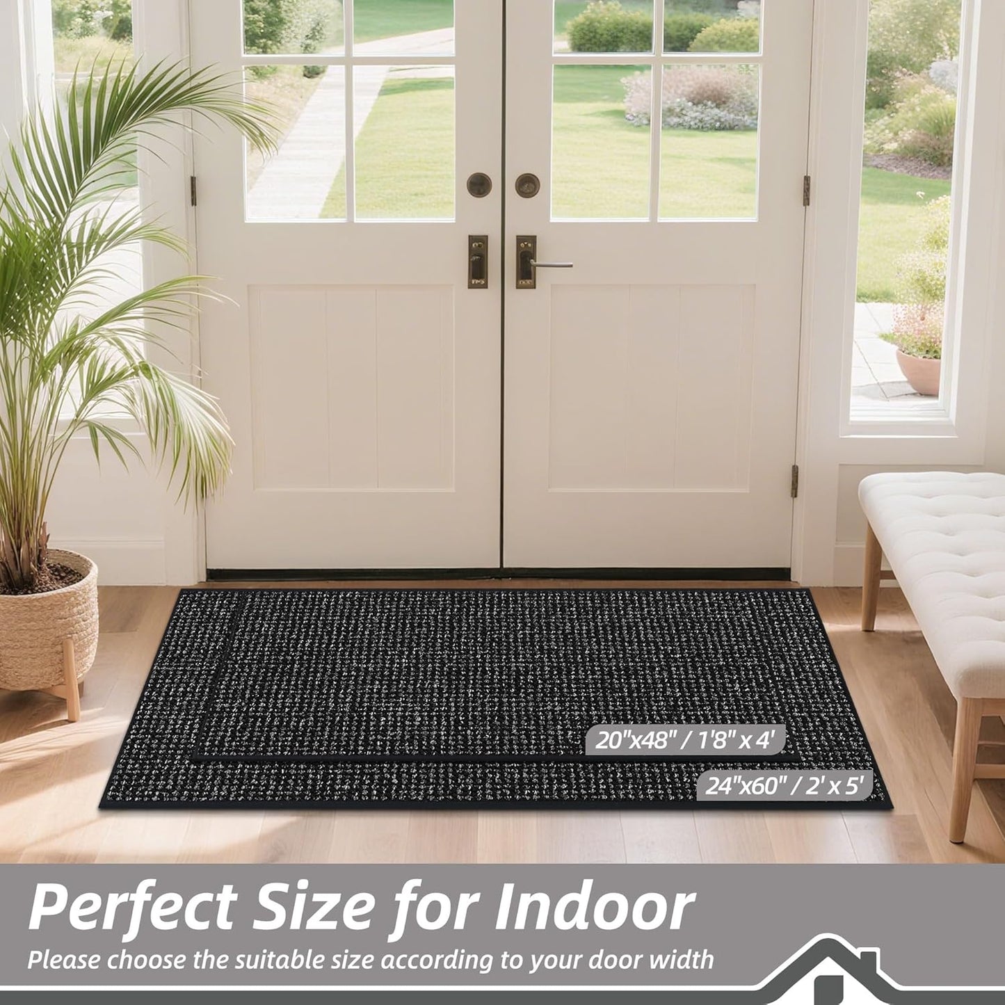 BEQHAUSE Dirt Trapper Door Mat 24" x 60", Non-Slip Washable Doormats Entrance Mat, Dirt Resistant and Absorbent Welcome Mat, Low Profile Floor Mats for Front Back Door and Entryway, Black