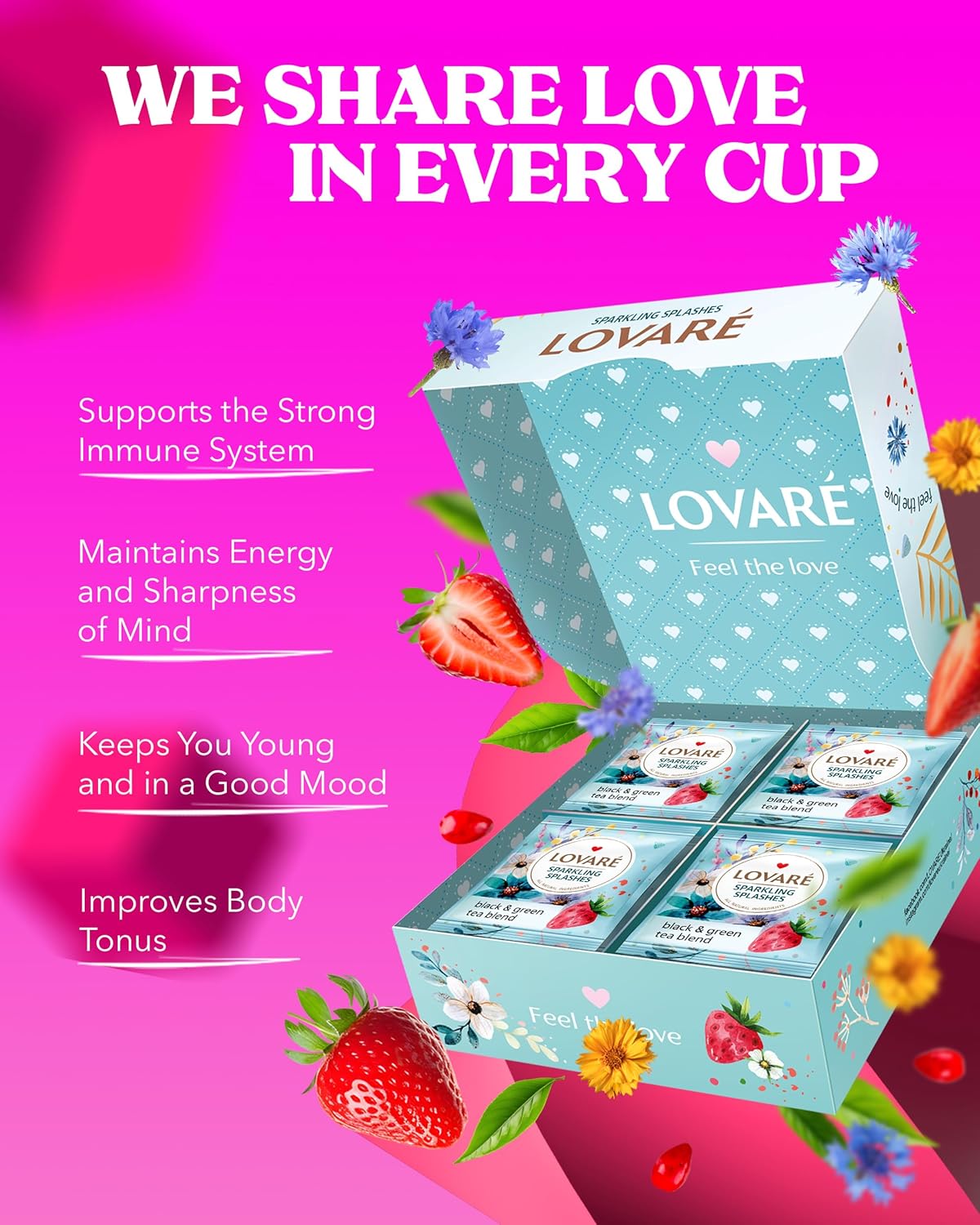 LOVARE Sparkling Splashes Tea Bags 64 g - Made in Ukraine - Classic Black and Sencha Green Flavored Tea Blend - Tea Bags Individually Wrapped - Gift Box Sets for Tea Lovers (32 Tea Bags x 2 g Each)