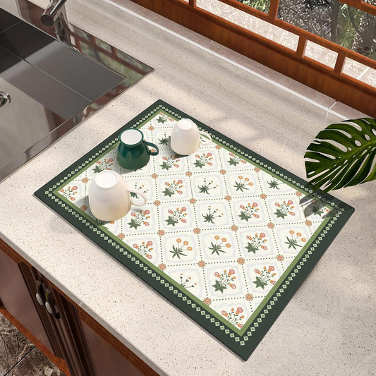 Dish Drying Mat, Diatomaceous Earth Soft Coffee Mat, Absorbent Silicone Dish Drying Mat for Kitchen Counter or Sink for Kitchen Bathroom Coffee Bar (Green, 12 x 16 Inches)