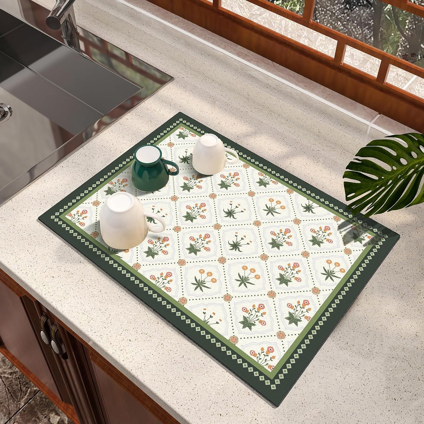 Dish Drying Mat Diatomaceous Earth Soft Coffee Mat, Silicone Dish Drying Mat for Kitchen Counter or Sink for Kitchen Bathroom Coffee Bar (Green, 16 x 24 Inches)