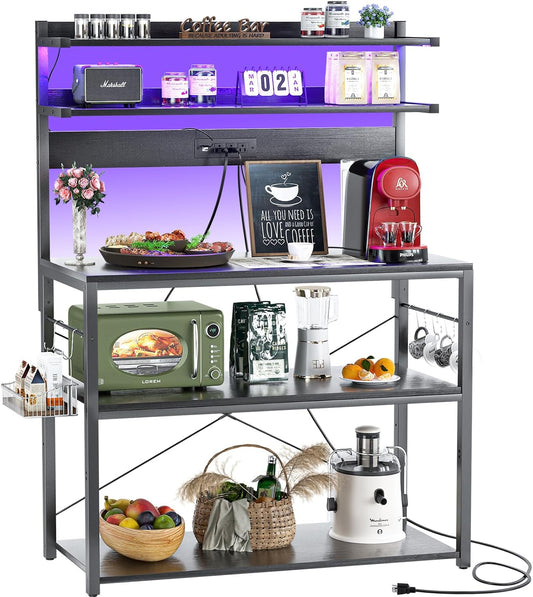 Aheaplus Bakers Rack with Power Outlet, Microwave Stand, 5 Tiers Coffee Bar Station with Led Lights, Kitchen Storage Shelf with 6 S-Shaped Hooks, Kitchen Rack Coffee Bar Stand, Black