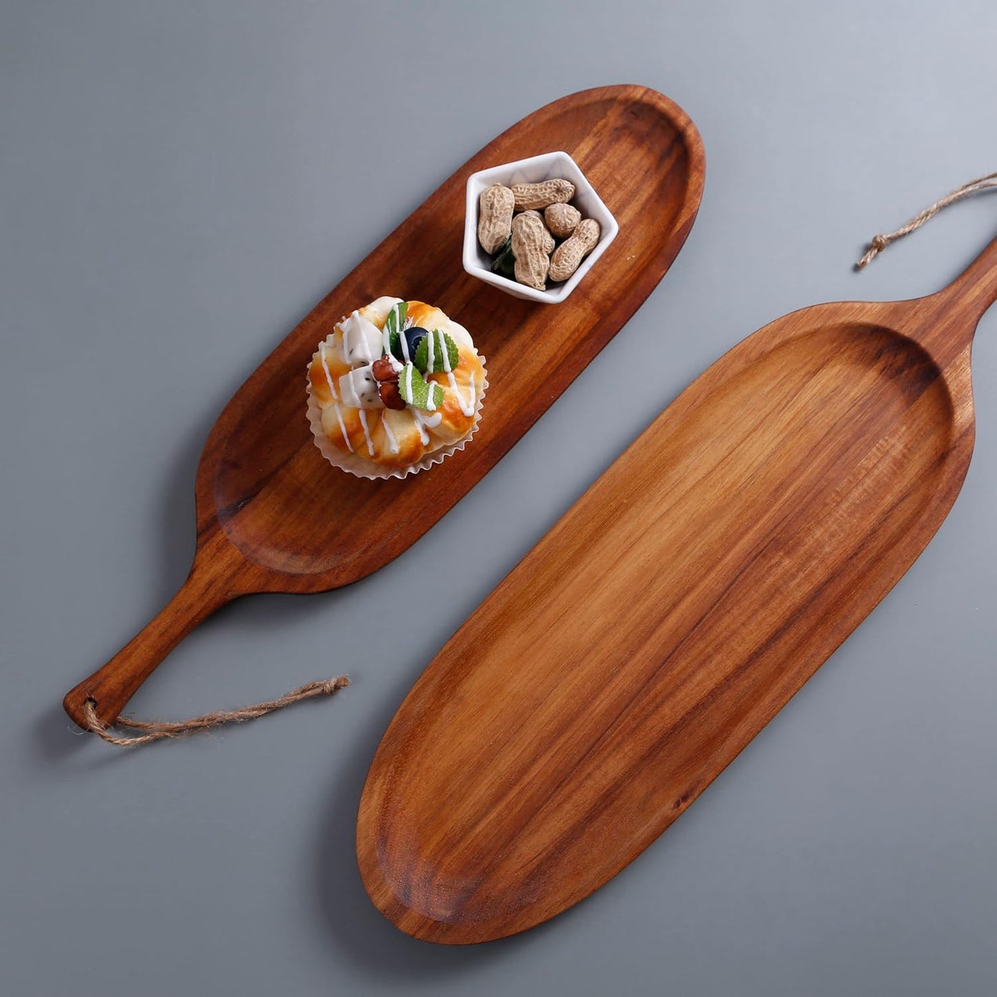 2PCS Wooden Tray Wood Serving Tray with Handle Large Serving Plates Acacia Solid Wood Appetizer Plates Multi-Use Oval Acacia Plates for Appetizer for Snack(Large 20.5“ and 16.5"