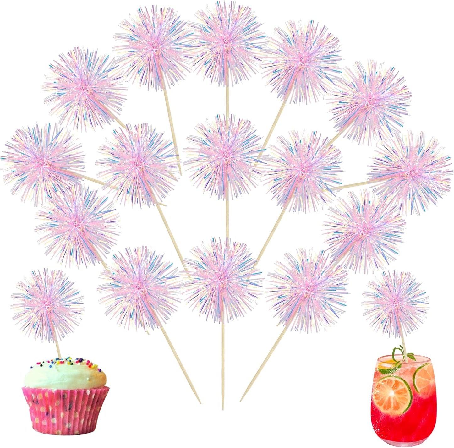 Ephlyn 30Pcs Foil Firework Cupcake Toppers Happy Birthday Cake Toppers Tinsel Flower Drink Stirrers Cocktail Food Fruit Toothpicks for Valentine's Day Party Decorations Pink