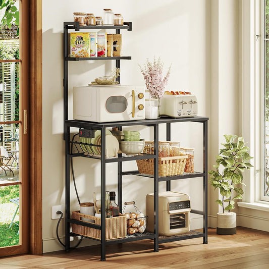 Huuger 31.5 Inch Bakers Rack with Power Outlets, Kitchen Microwave Stand with Storage, Coffee Bar with 4 Hooks, 3-Level Height Open Shelves, Black