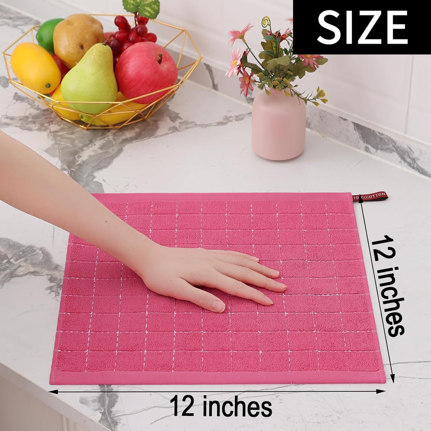 Homaxy 100% Cotton Terry Kitchen Dish Cloths, Ultra Soft and Absorbent Dish Towels for Kitchen, Suitable for Drying and Washing Dishes, 12 Pack, 12 x 12 Inches, Rose Red