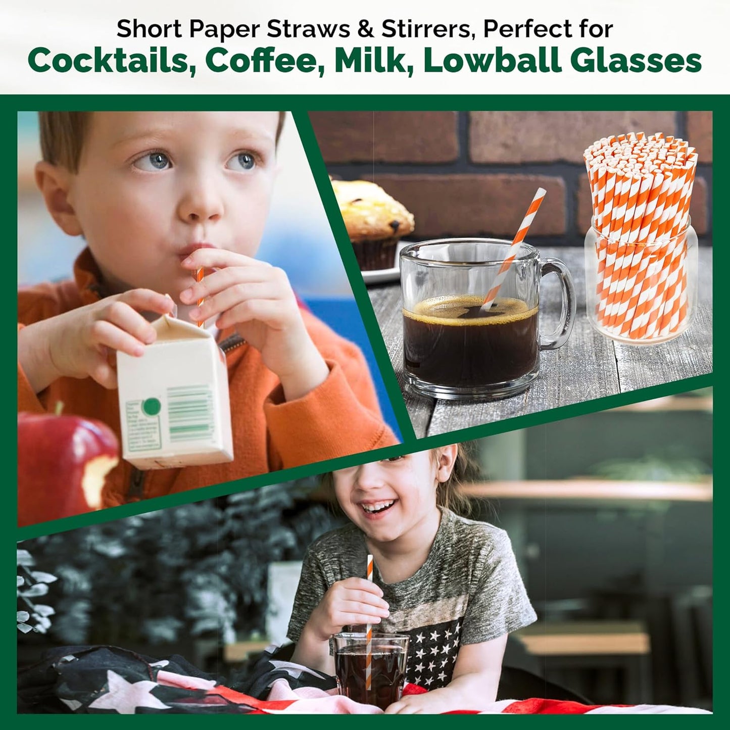 5.75 inch Orange Paper Cocktail Straws, Short Disposable Drinking Straws 500 Counts, Unwrapped - Compostable