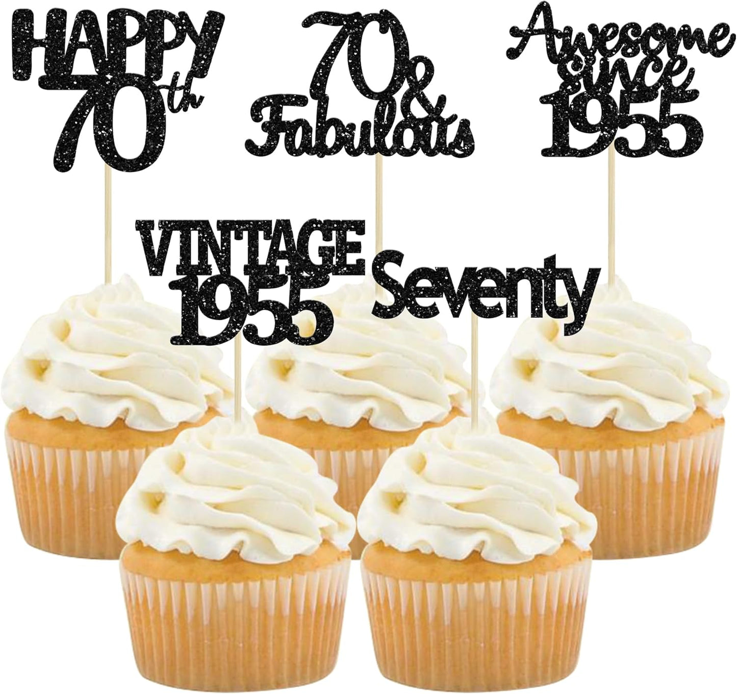 Gyufise 30Pcs 70th Birthday Cupcake Toppers Vintage 1955 Seventy Cake Decorations Cheers to 70 Fabulous Seventy Cupcake Picks 70th Birthday Wedding Anniversary Party Cake Decorations Supplies Black