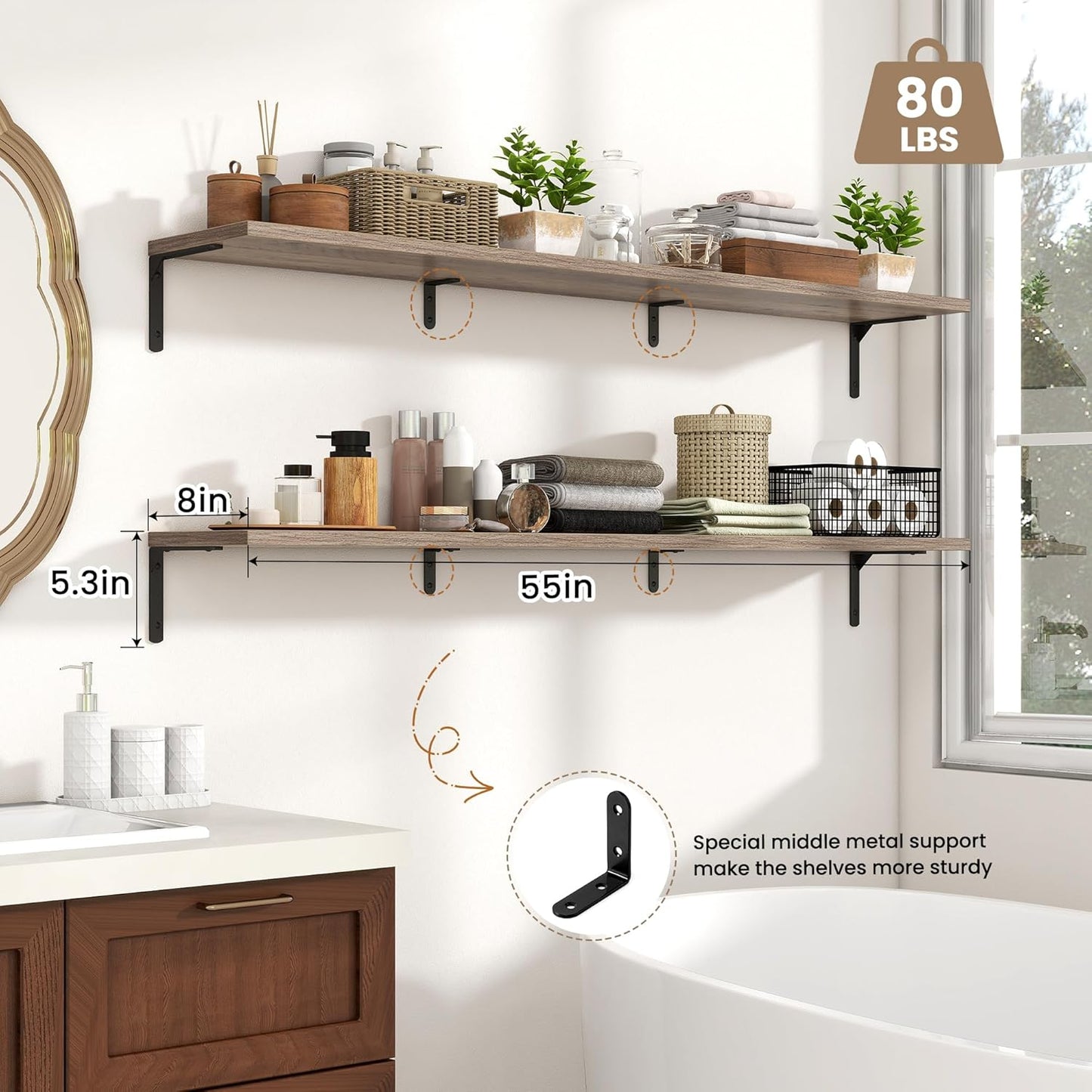 Fun Memories Deep Floating Shelves, 55W x 8D Floating Shelves Set of 2, Wall Mounted Shelf with Metal Brackets, Rustic Wood Wall Shelf for Bathroom, Kitchen and Living Room, Grey