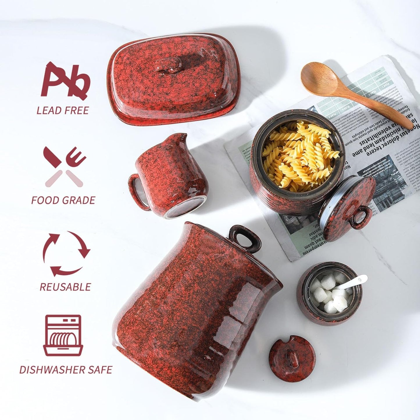 Hasense Coffee Grounds Container with Airtight Lid, Ceramic Food Storge Canister for Kitchen, Large Candy Dish for Countertop, Jar for Tea, Cookies, Sugar, Coffee Bean, 80 FL OZ(Red)