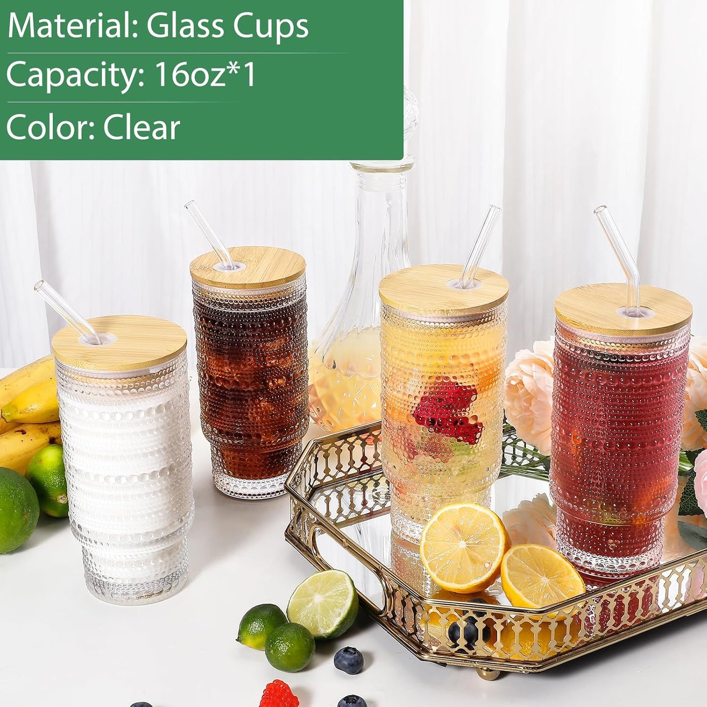 16 Oz Glass Cup with Lid and Straw, Vintage Embossed Glassware for Whiskey Cocktail Beer, Iced Coffee Cup with Lid, Glass Tumbler (1 PACK)