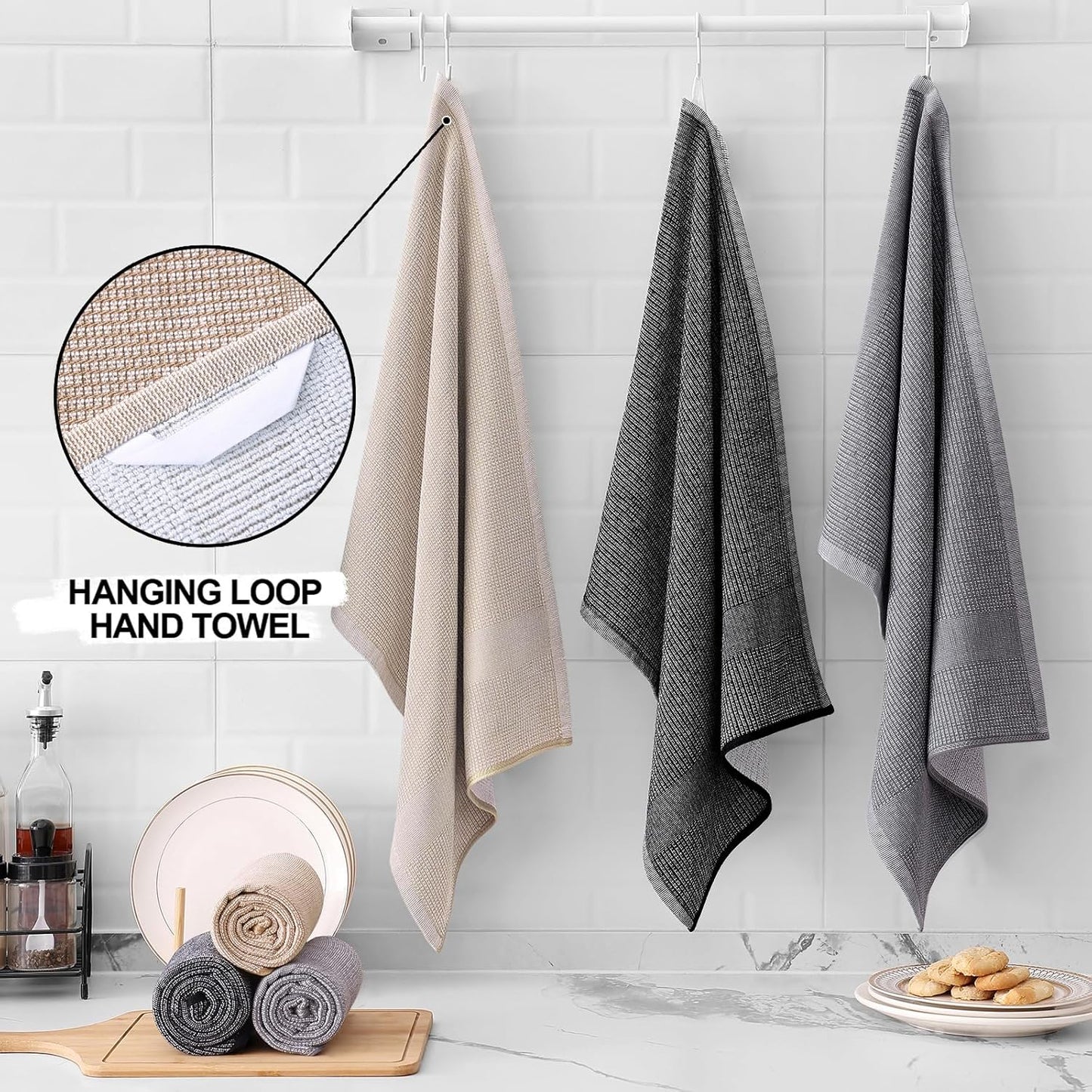 Homaxy Premium Kitchen Towels(18”x 28”, 6 Pack), Large Cotton Kitchen Hand Towels, Flat and Terry Dish Towels, 380 GSM Highly Absorbent Tea Towel Set with Hanging Loop, Grey/Khaki/Black