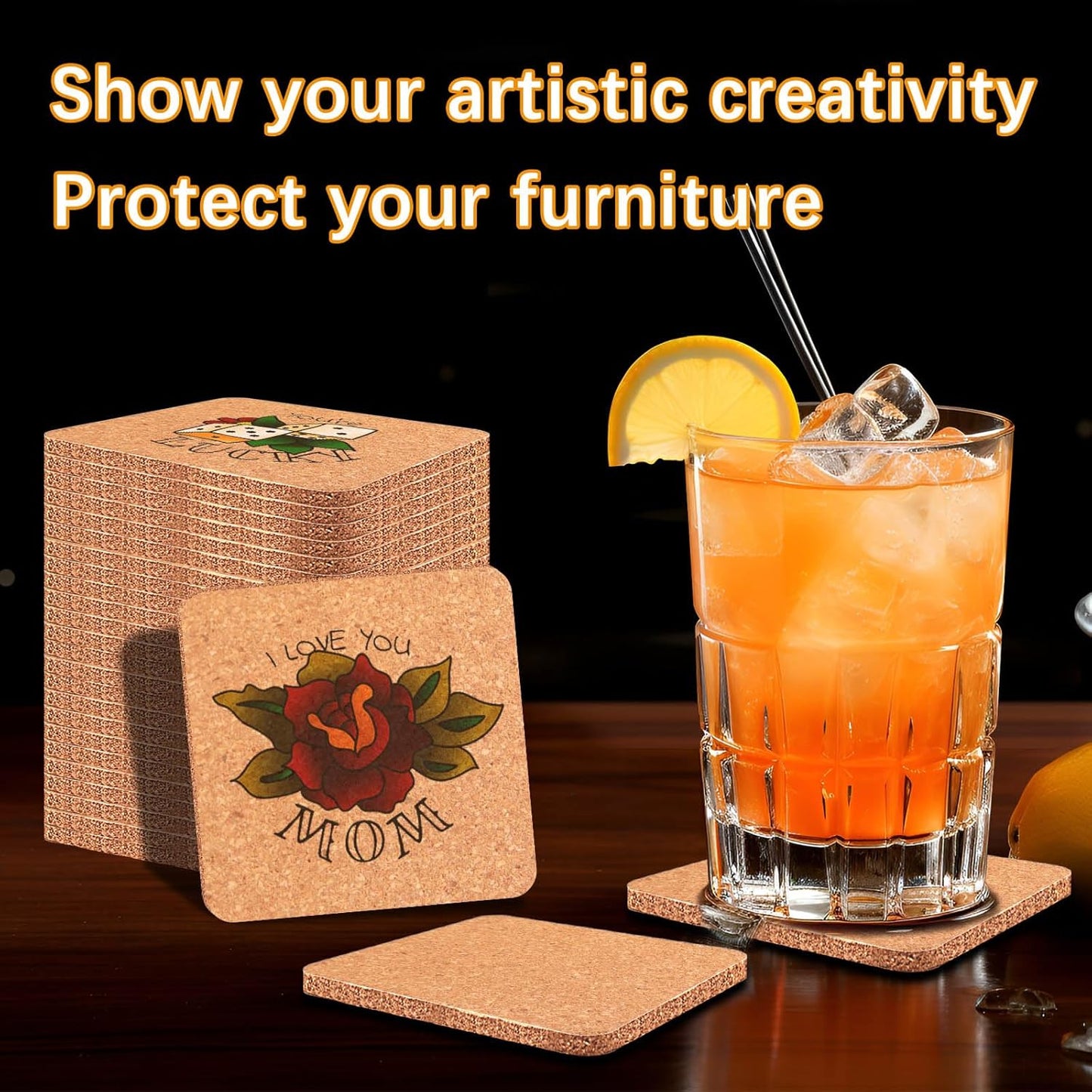 100 PCS Cork Coasters Bulk, Blank Square Cork Coasters DIY Crafts, Non-Slip Heat-Resistant Reusable Coffee Coaster, Suitable for Home Desktop Decoration