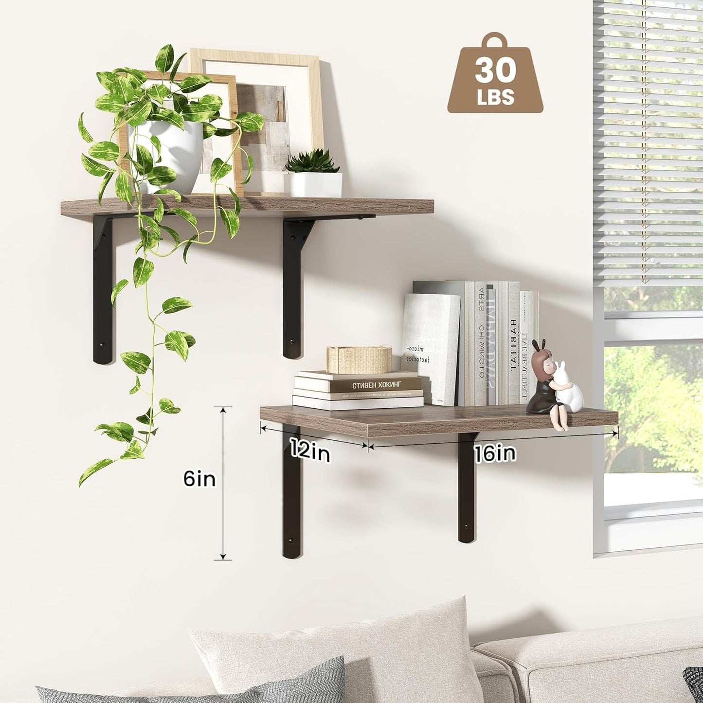 Fun Memories Floating Shelves for Wall, 12 Inch Deep Floating Shelves Set of 2, Wall Mounted Shelf with Metal Brackets, Rustic Wood Wide Shelf for Bathroom, Kitchen and Living Room, Grey, 16W x 12D