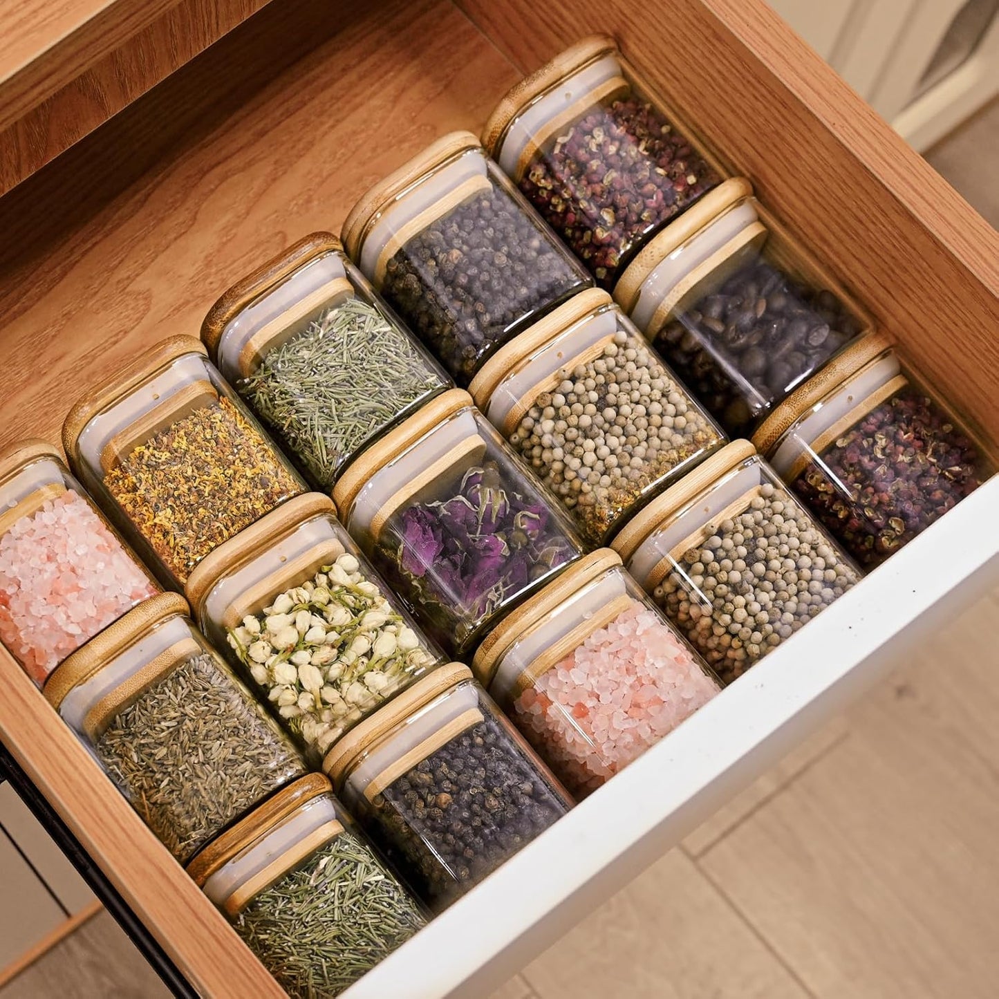 Glass Food Storage Jars Square 4oz, 12 Pack Glass Jars With Bamboo Lids, Kitchen Storage Containers For Spice, Candy, Cookie, Storage For Pantry Organizers