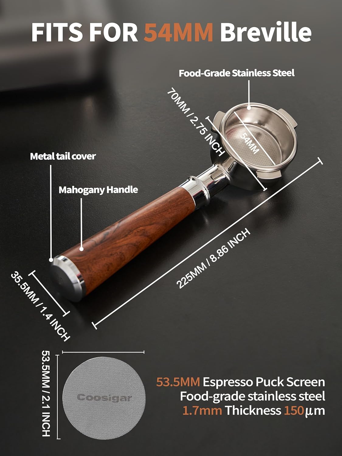 54mm Bottomless Portafilter with Puck Screen | Fits for 54mm Breville Machines | Stainless Steel portafilter and Mahogany Handle|Espresso Machine Accessories(Mahogany)
