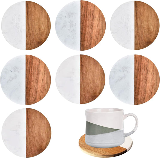 I-LAN 8Packs Round Natural Wood and Marbel Style Drink Coasters for Coffee Wooden Table, Drink Bar Coaster Set/Tea Table Coasters for Living Room,Beer Cans,Bar Glasses,4 x 4 Inch