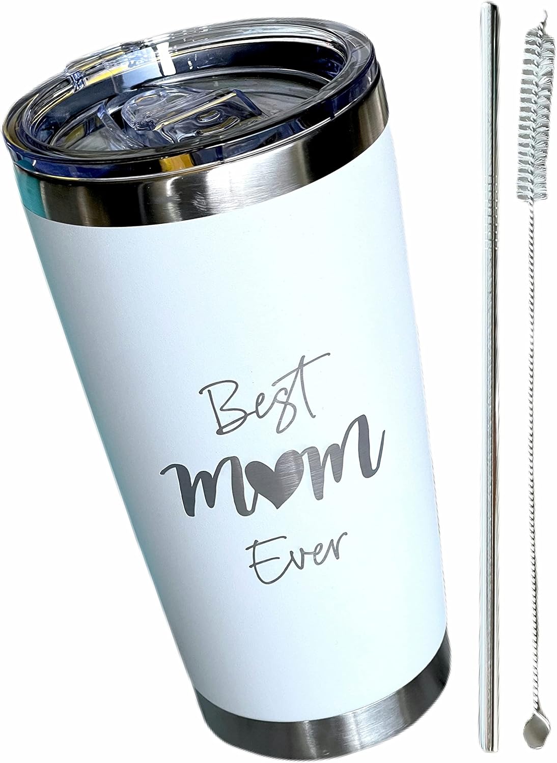 Best Mom Ever Tumbler Gift. 20 Oz Insulated Stainless Steel With Lid, Straw & Brush. Gift Idea For Mom Birthday, Mother's Day Gift Travel Mug Or New Mom Christmas Gift. Laser Engraved.(White)