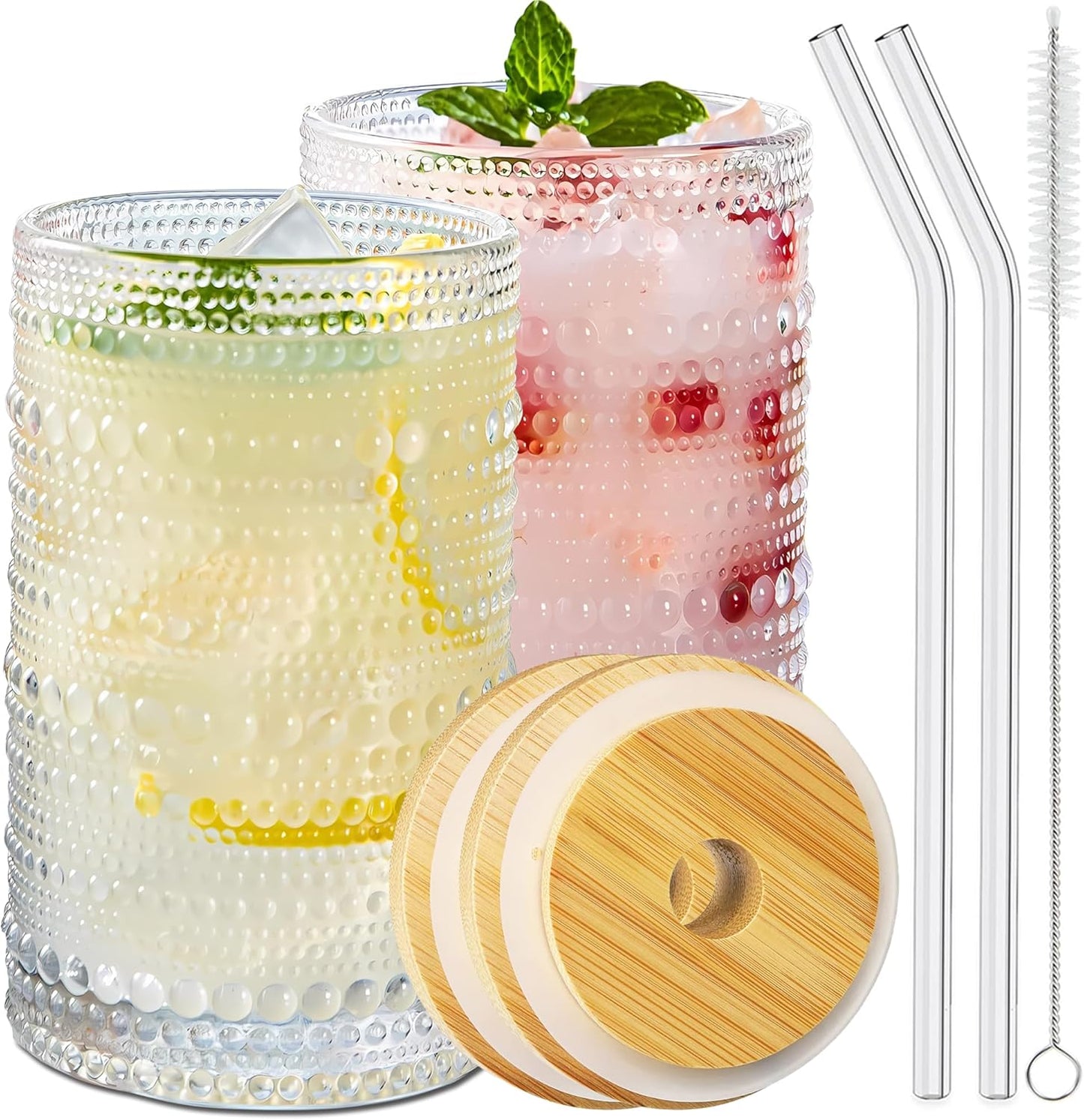 2 Pcs Iced Coffee Glasses Cups with Bamboo Lids and Straws,12 oz Thick Emboss Beaded Drinking Glass Cup Set,Latte Glasses,Ideal for Water,Soda,Gift - with Cleaning Brushe