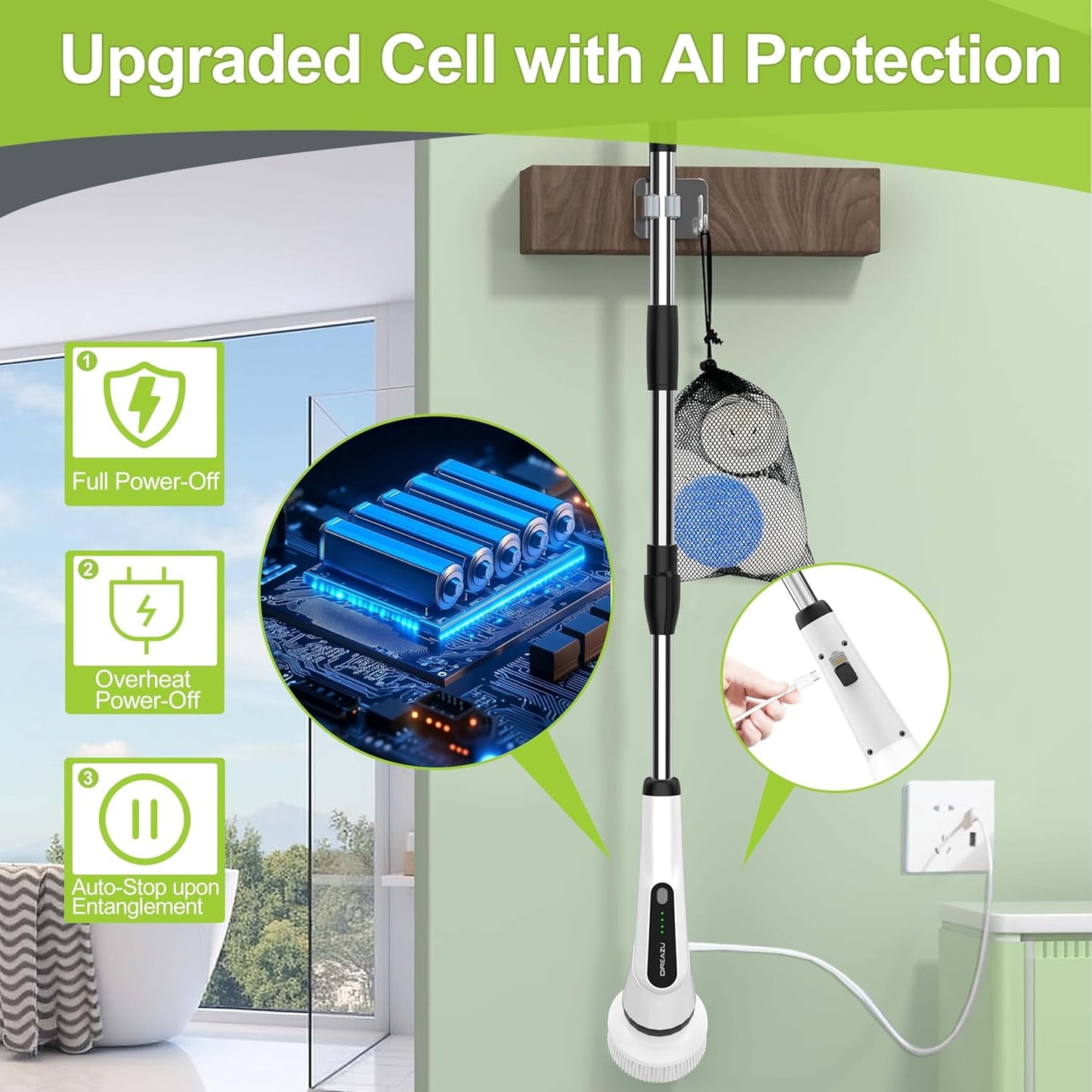 Electric Scrubber Brush, IPX7 Electric Scrubber for Shower, Electric Cleaning Brush Scrubber with 7 Replaceable Brush Heads & Retractable Handle, 2-Speed Adjustable Spin Cleaning Brush