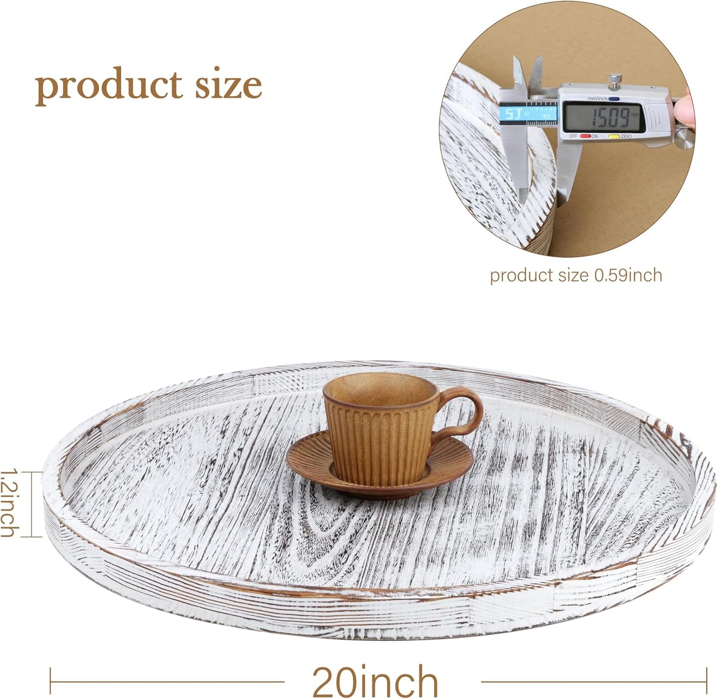 Extra Large Round Ottoman Table Tray 20" - Rustic Wooden Serving Tray for Farmhouse Decorative Oversized Coffee Table Trays Living Room Kitchen Counter Breakfast White