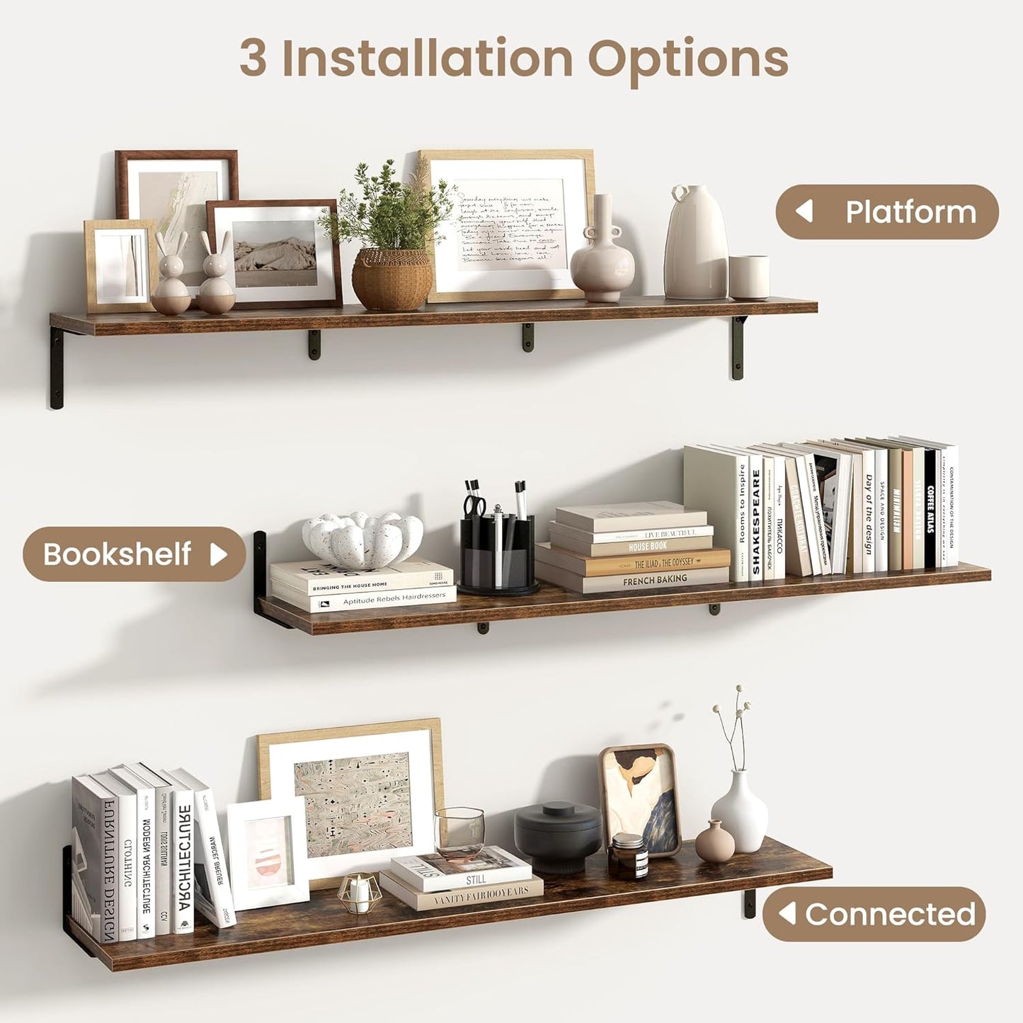 Fun Memories Deep Floating Shelves, 48W x 8D Floating Shelves Set of 2, Wall Mounted Shelf with Metal Brackets, Rustic Wood Wall Shelf for Bathroom, Kitchen and Living Room, Rustic Brown