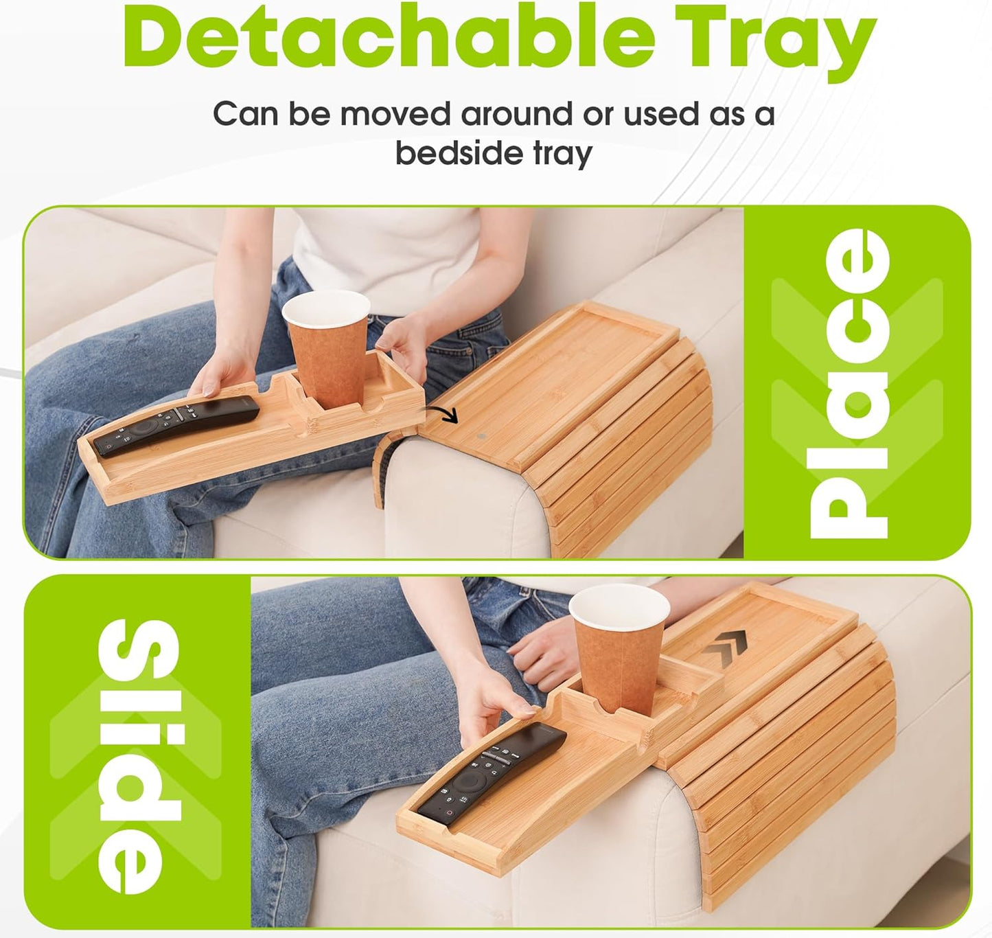 Foldable Couch Cup Holder with 2 Cork Coasters – Detachable Bamboo Sofa Tray, Anti-Slip Sofa Armrest Caddy for Drinks, Snacks, Laptops, & Bathtub – Perfect Home & Gift Accessory