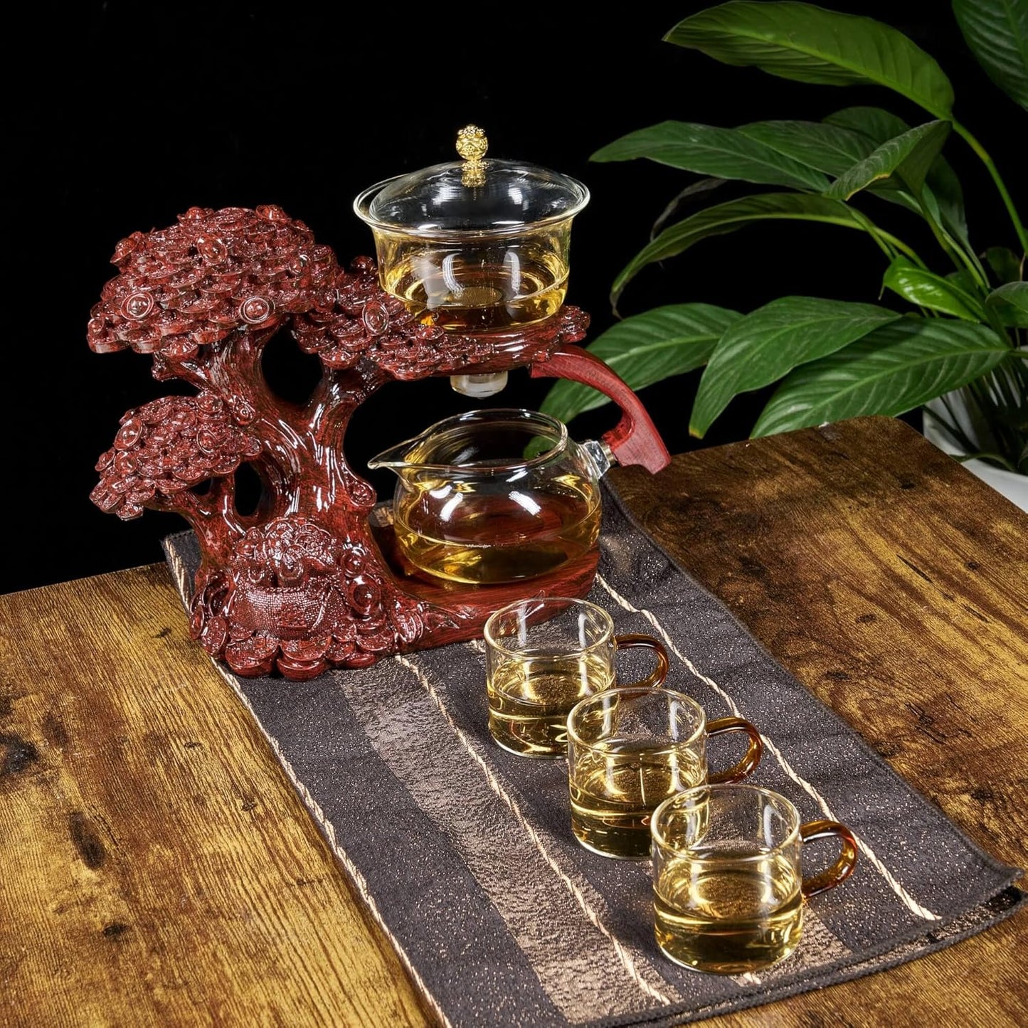 Glass Teapot Set with Infuser Semi Automatic Tea Set Magic Teapot (Tree - red)