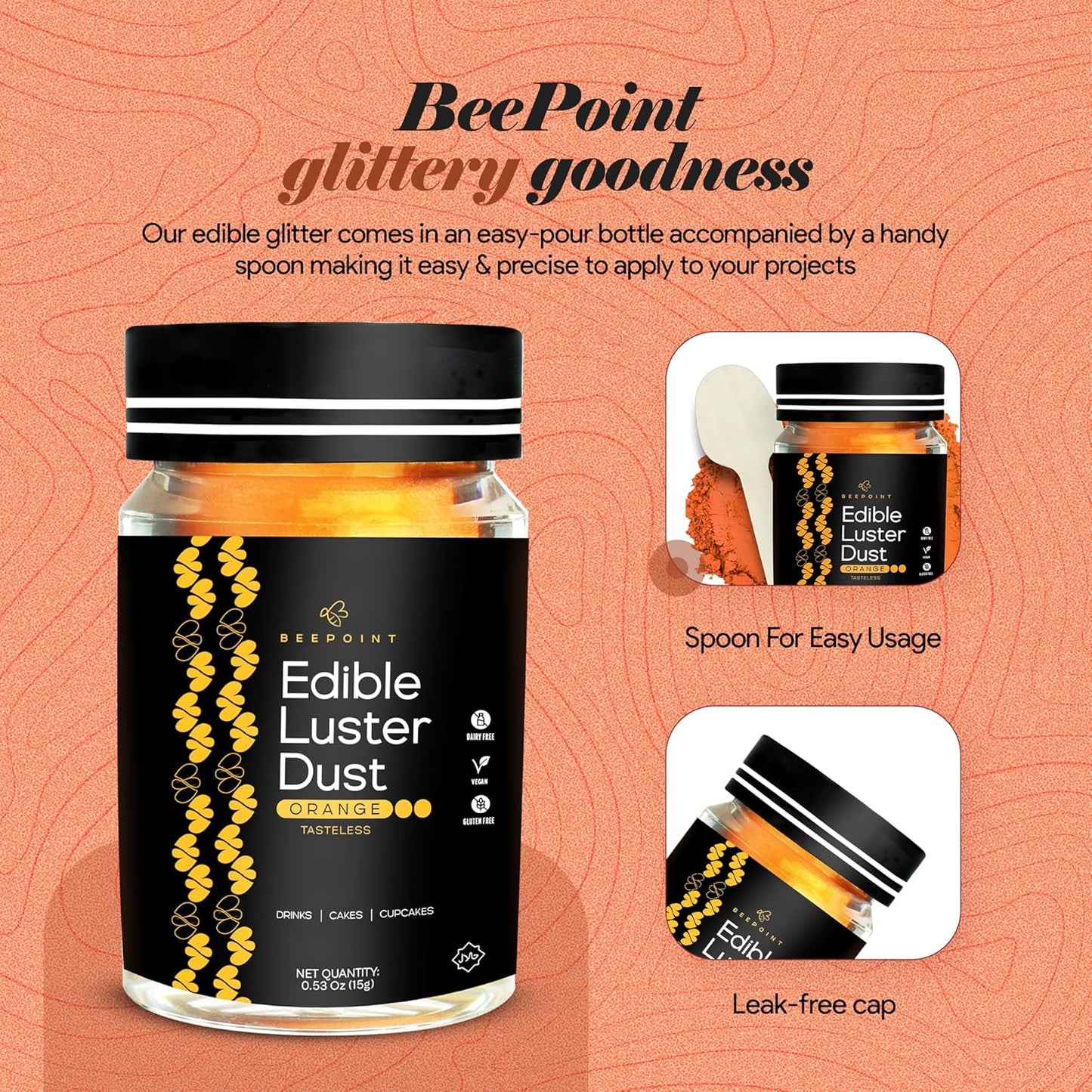 BeePoint Orange Edible Luster Dust 15g - Food Grade, Vibrant Color Shimmer Powdered Dust for Drinks, Cocktails, Cake Decorating, Baking, Chocolates, Candy, Sweets, & Cookies - Vegan & Gluten Free
