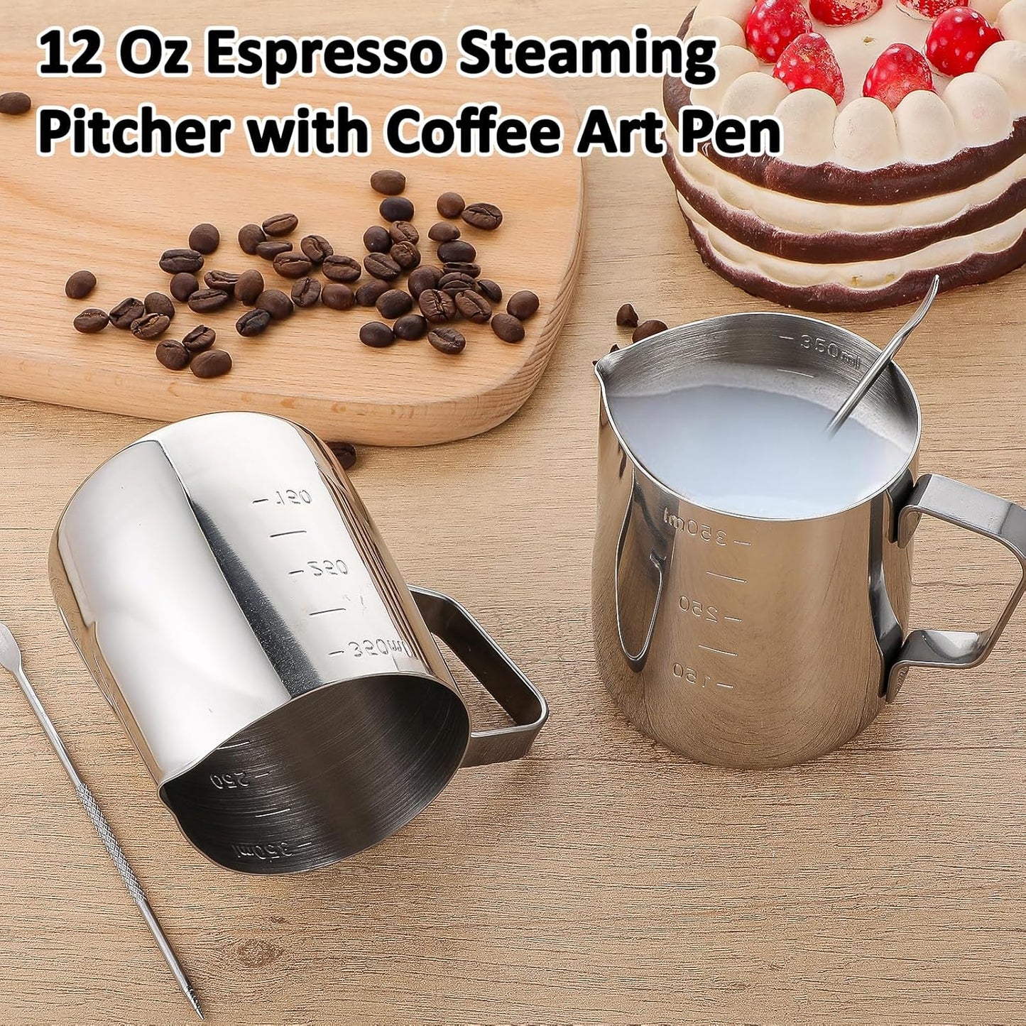 4 Pcs Stainless Steel Espresso Milk Frothing Pitcher Set with Latte Art Pen, 12 oz Milk Frother Cup, Frothing Cup for Cappuccino, Latte, Home & Cafe Use