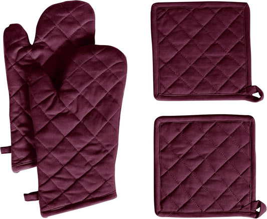 Native Fab 4 Piece Set - 2 Oven Mitts & 2 Potholders, Heat Resistant, 100% Cotton, Quilted Design, Non-Slip Grip, Machine Washable, Ideal for Baking, Cooking, BBQ, Kitchen Protection - Burgundy Wine
