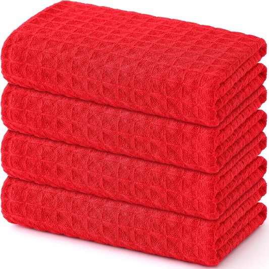 Homaxy Microfiber Waffle Weave Kitchen Towels, 16 x 28 Inch Ultra Absorbent and Solid Color Dish Towels, 4 Pack, Red
