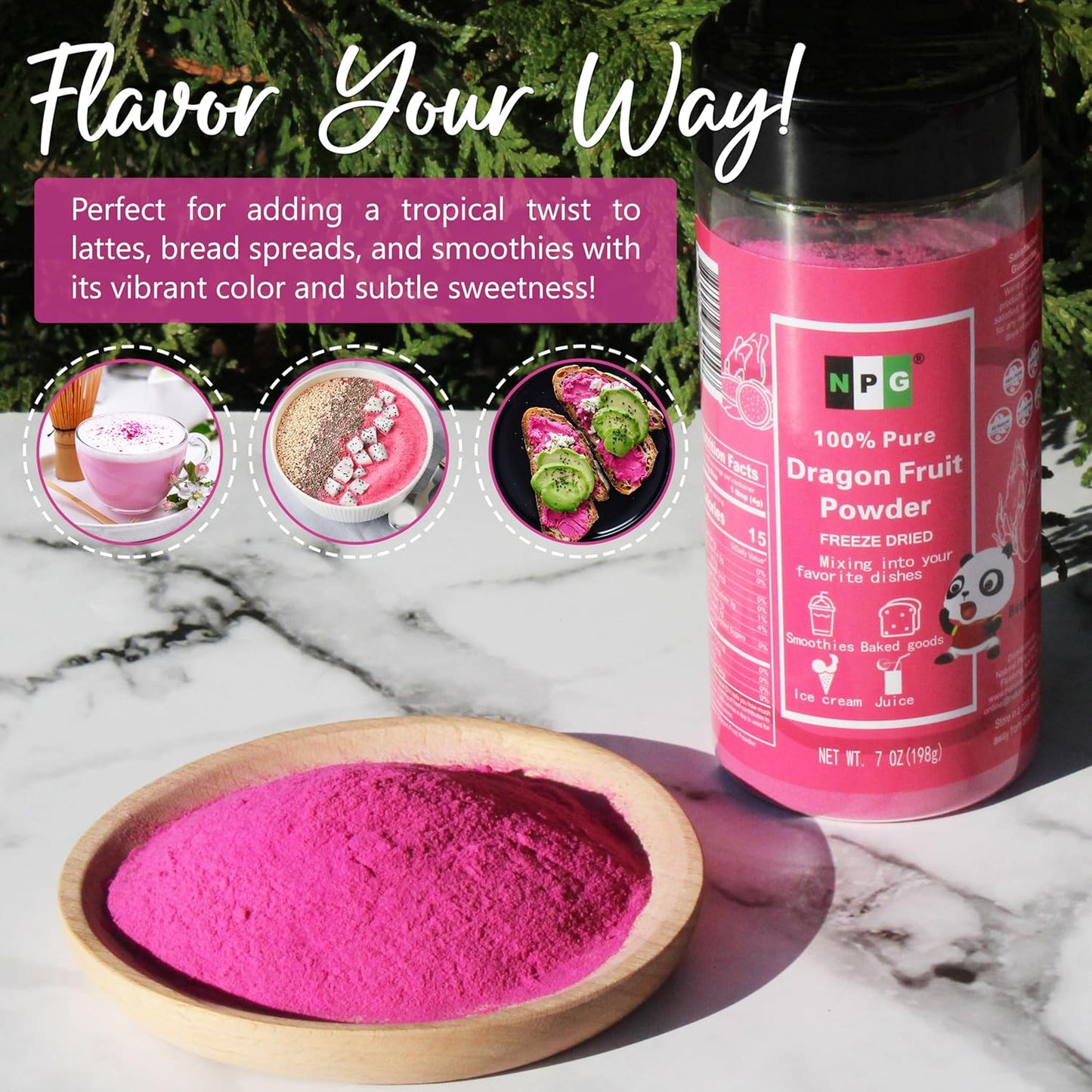 NPG Freeze Dried Red Dragon Fruit Powder 7 Oz, Seedless Fine Powder for Food Coloring, Baking, Smoothies, Drinks, Ice Cream, Cocktails, Vegan, Non-GMO, No Added Sugar